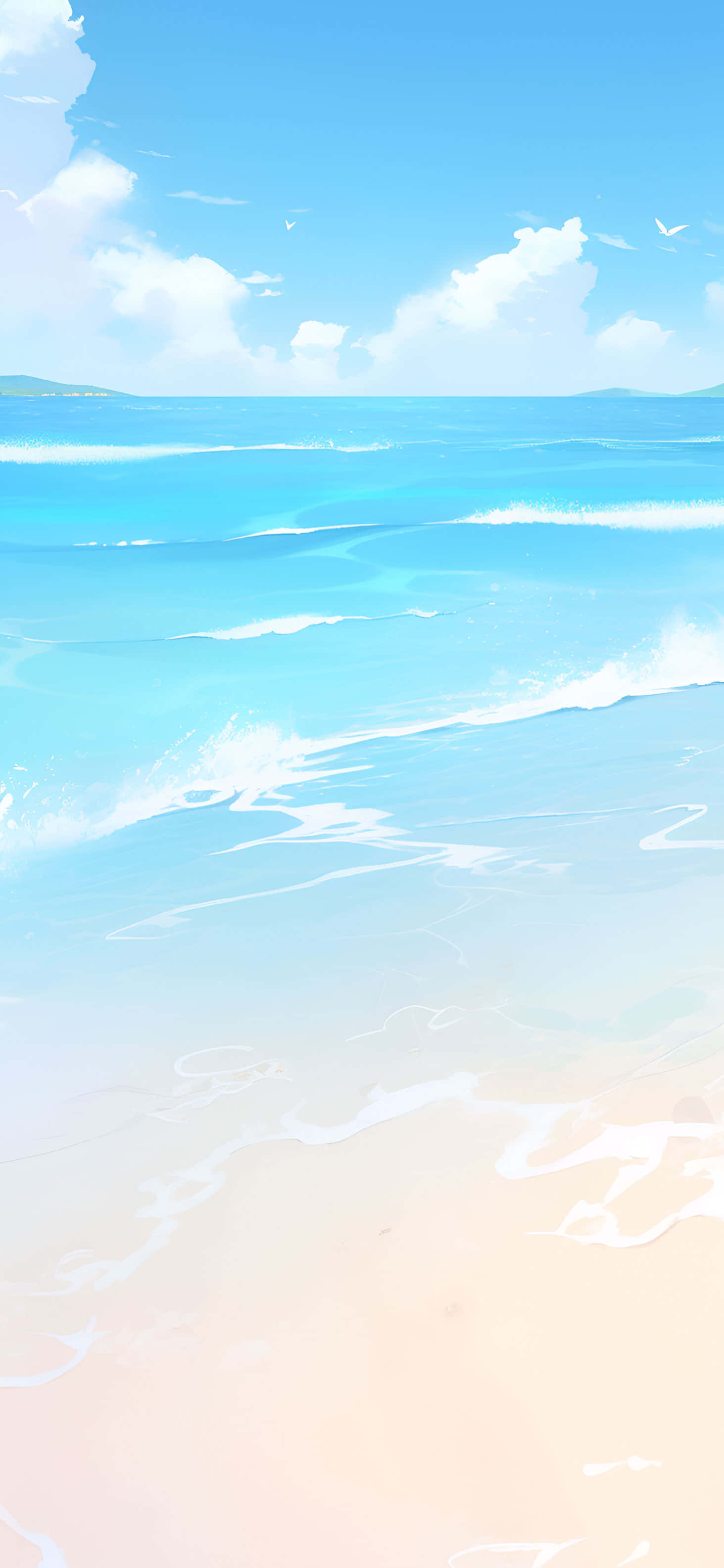 turquoise waves, pale pink sandy shore, bright blue sky, 2K Phone Wallpaper