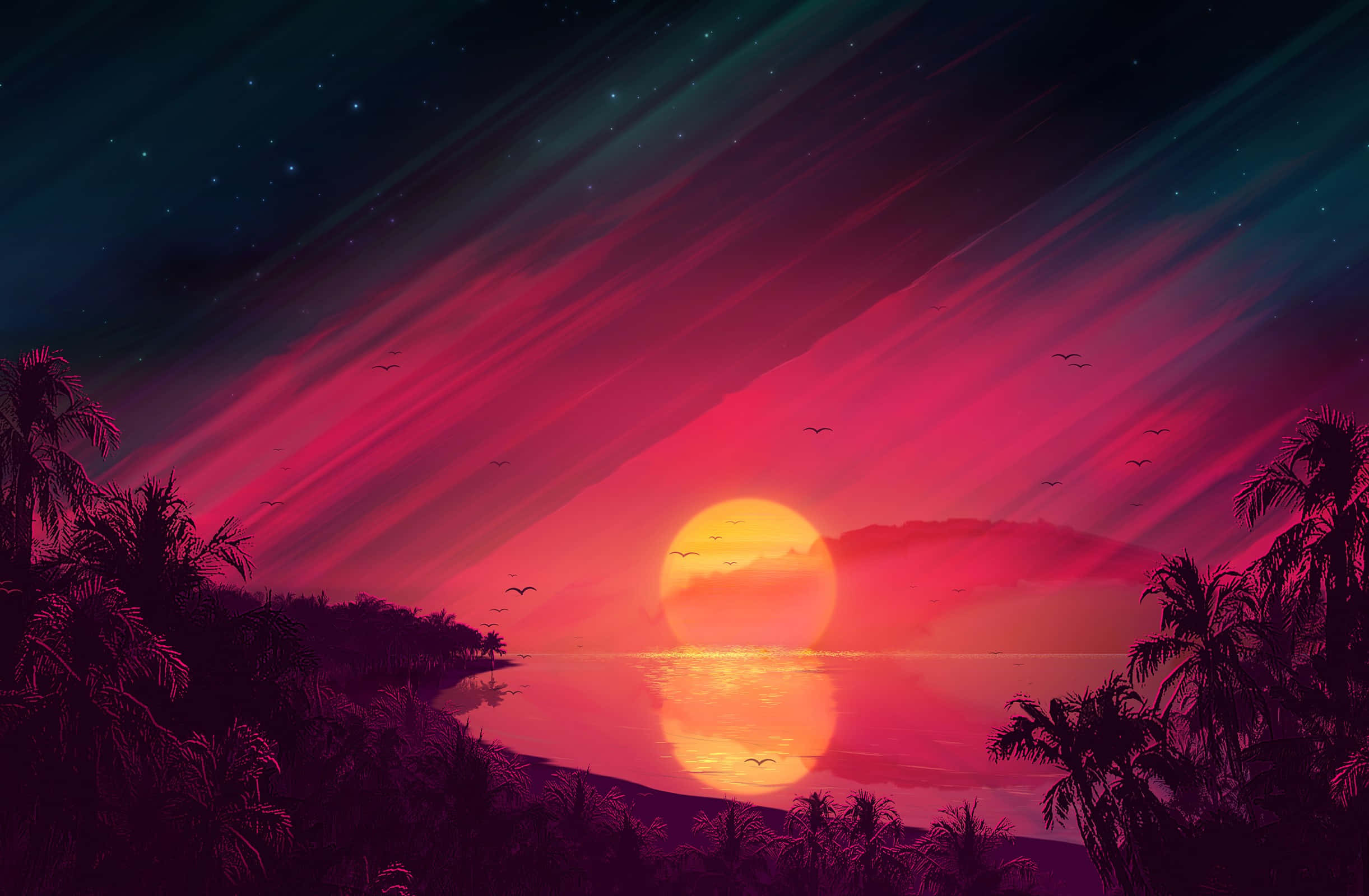 tropical sunset, giant orange sun, calm water, Full HD Desktop Wallpaper