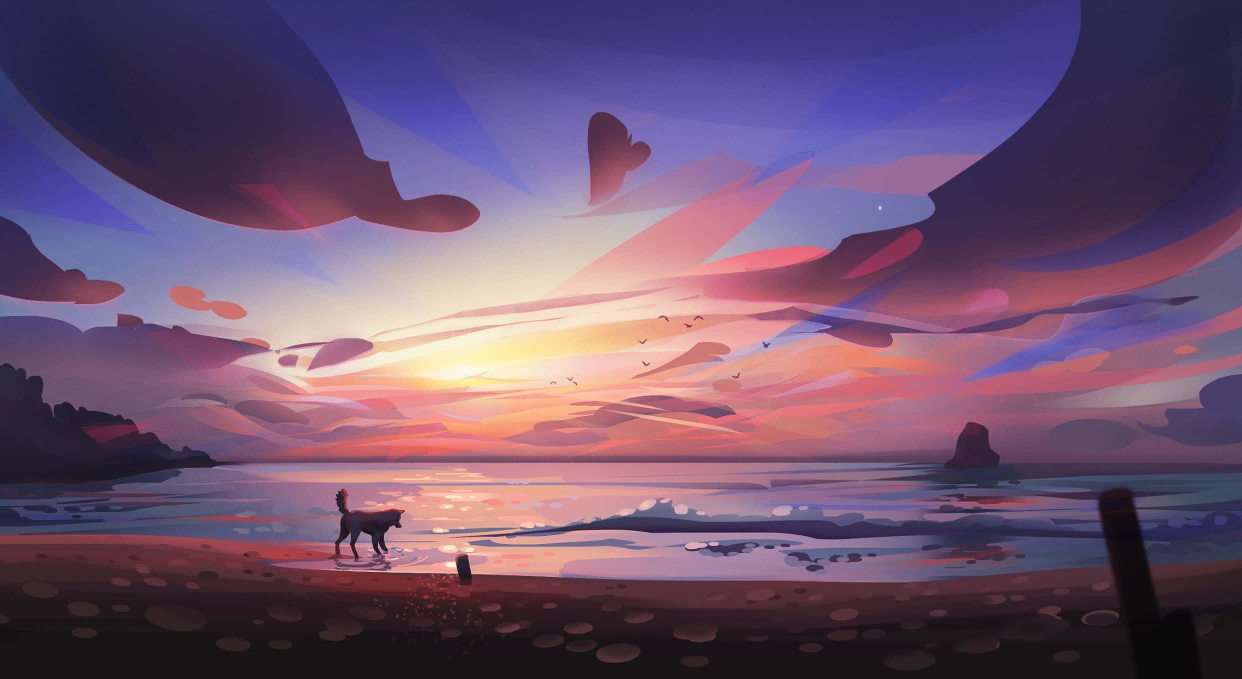 beach art, sunset, vibrant purple pink and orange skies, Full HD Desktop Wallpaper