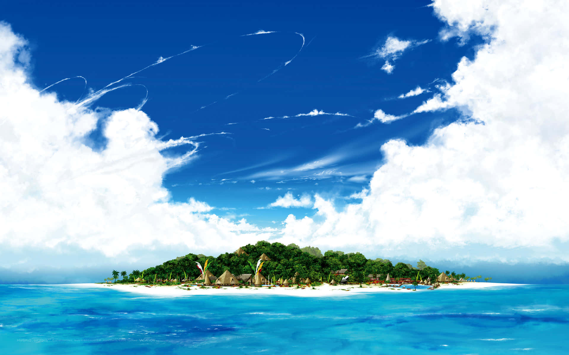 tropical island, lush greenery, thatched huts, Full HD Desktop Wallpaper