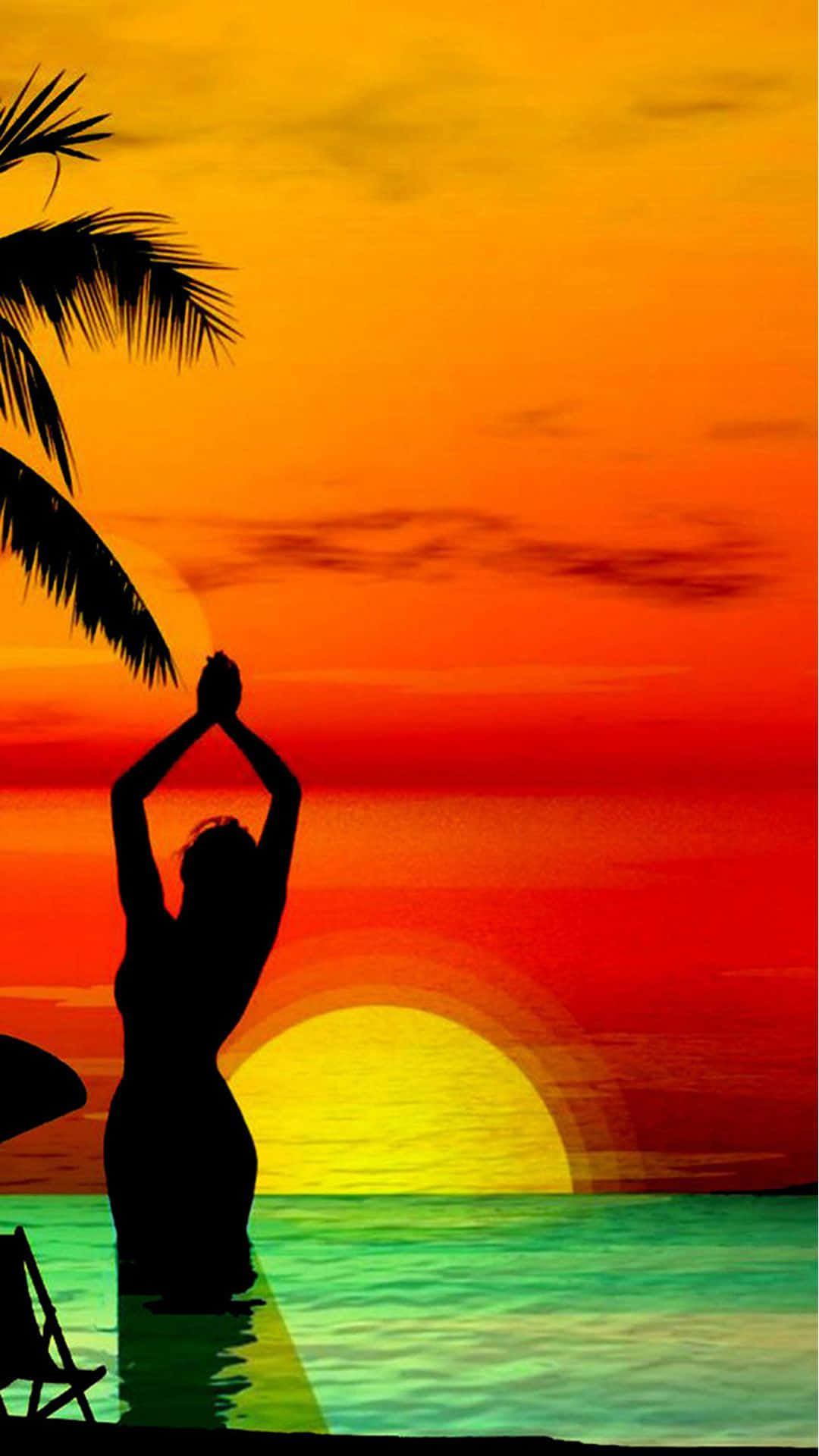 beach art, sunset, tropical beach, Full HD Phone Wallpaper