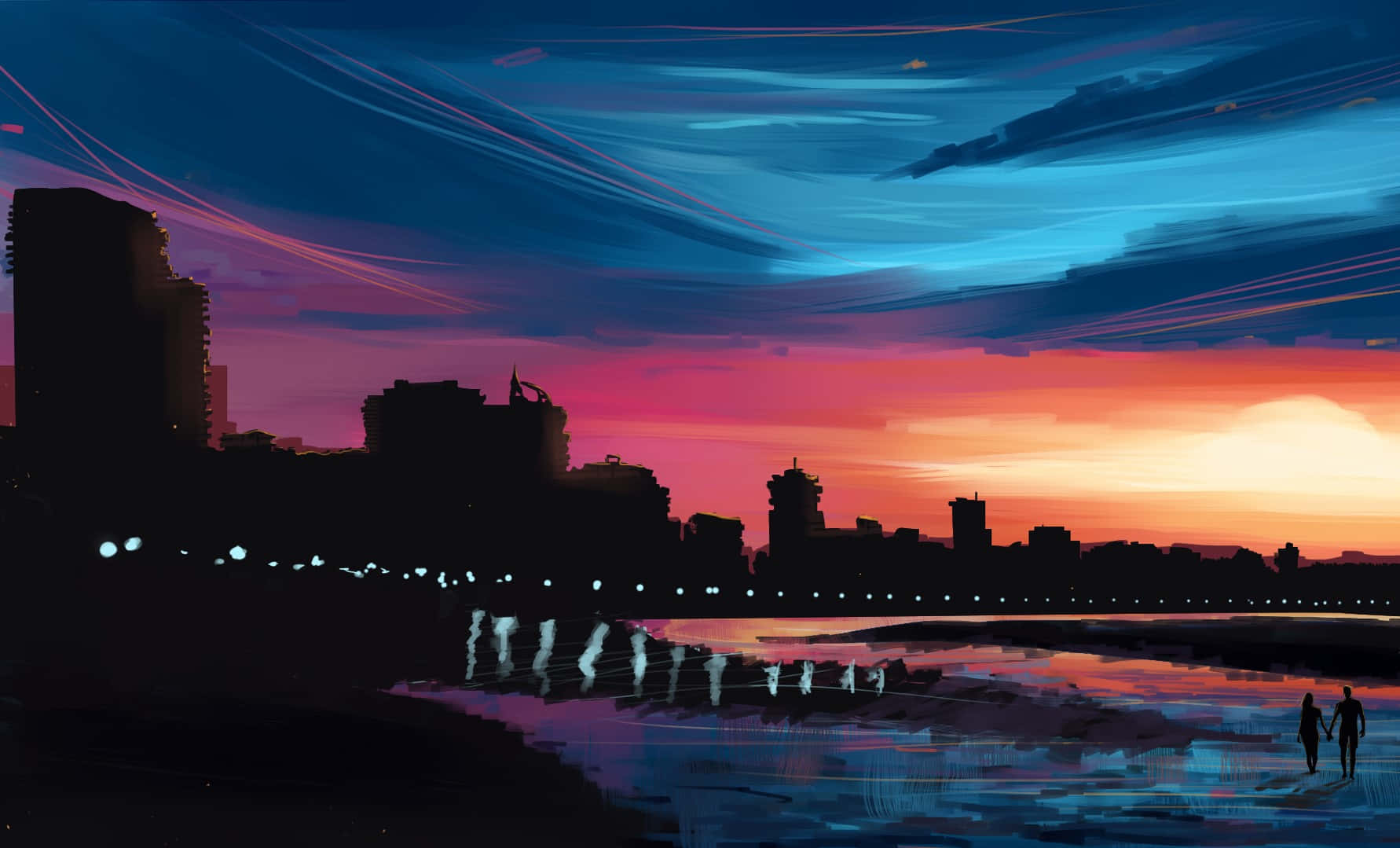 sunset, vibrant pink and blue sky, waterfront, HD Desktop Wallpaper