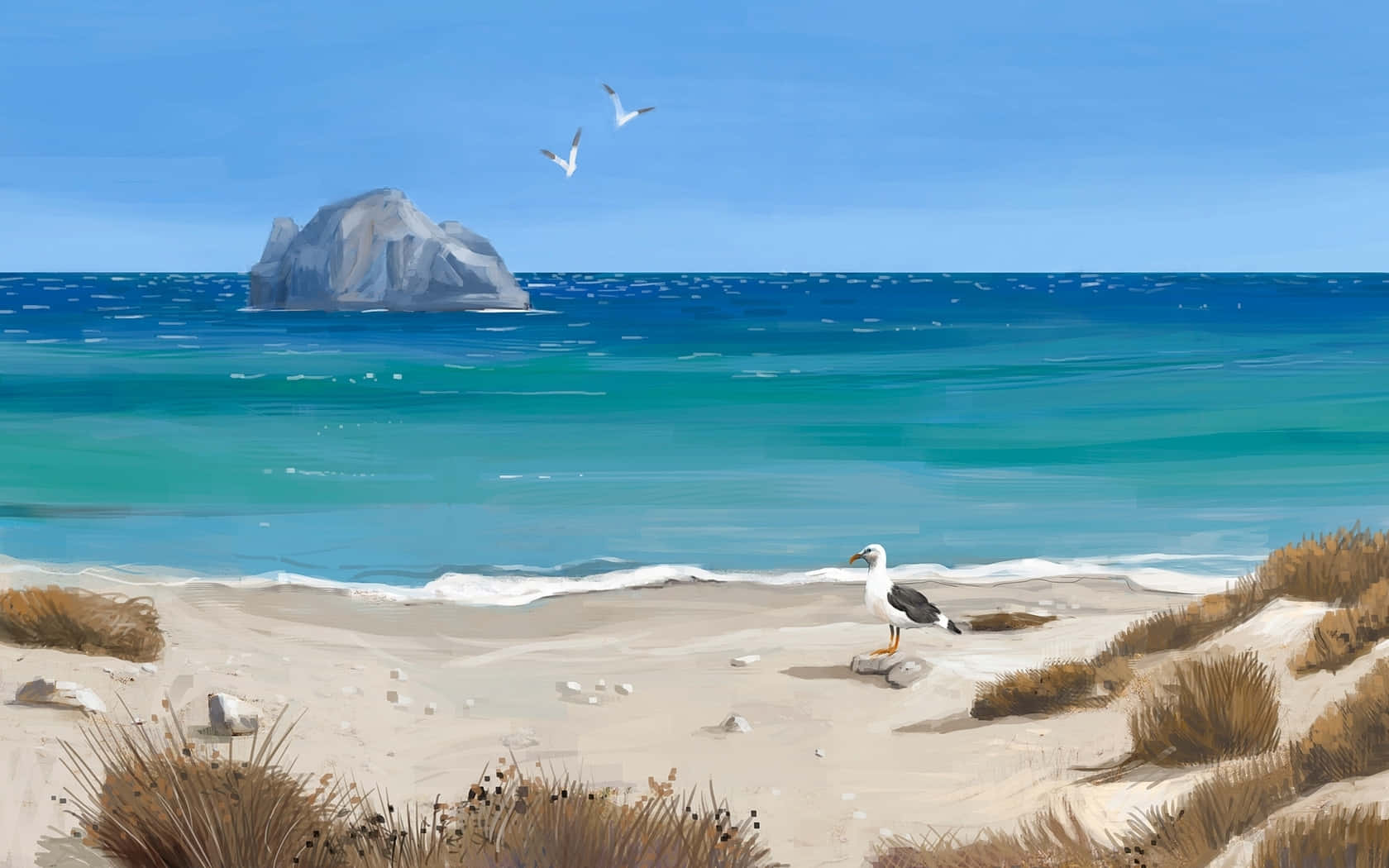 seagull, sandy dunes, turquoise ocean waves, HD Desktop Wallpaper