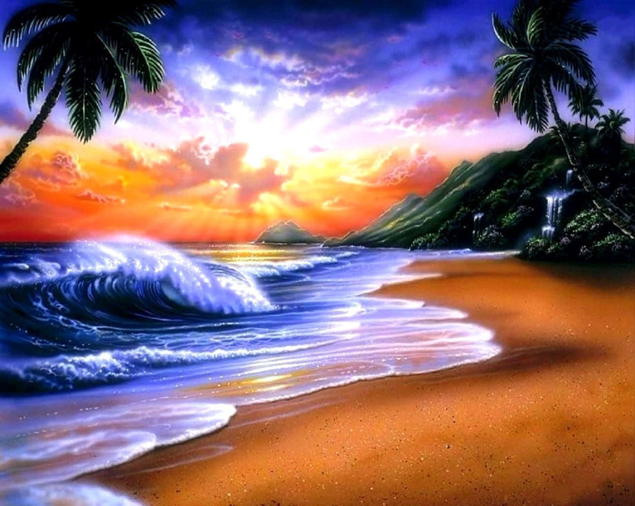 Vibrant Sunset Beach Art Wallpaper, fiery oranges and purples, crashing waves, HD Desktop Wallpaper