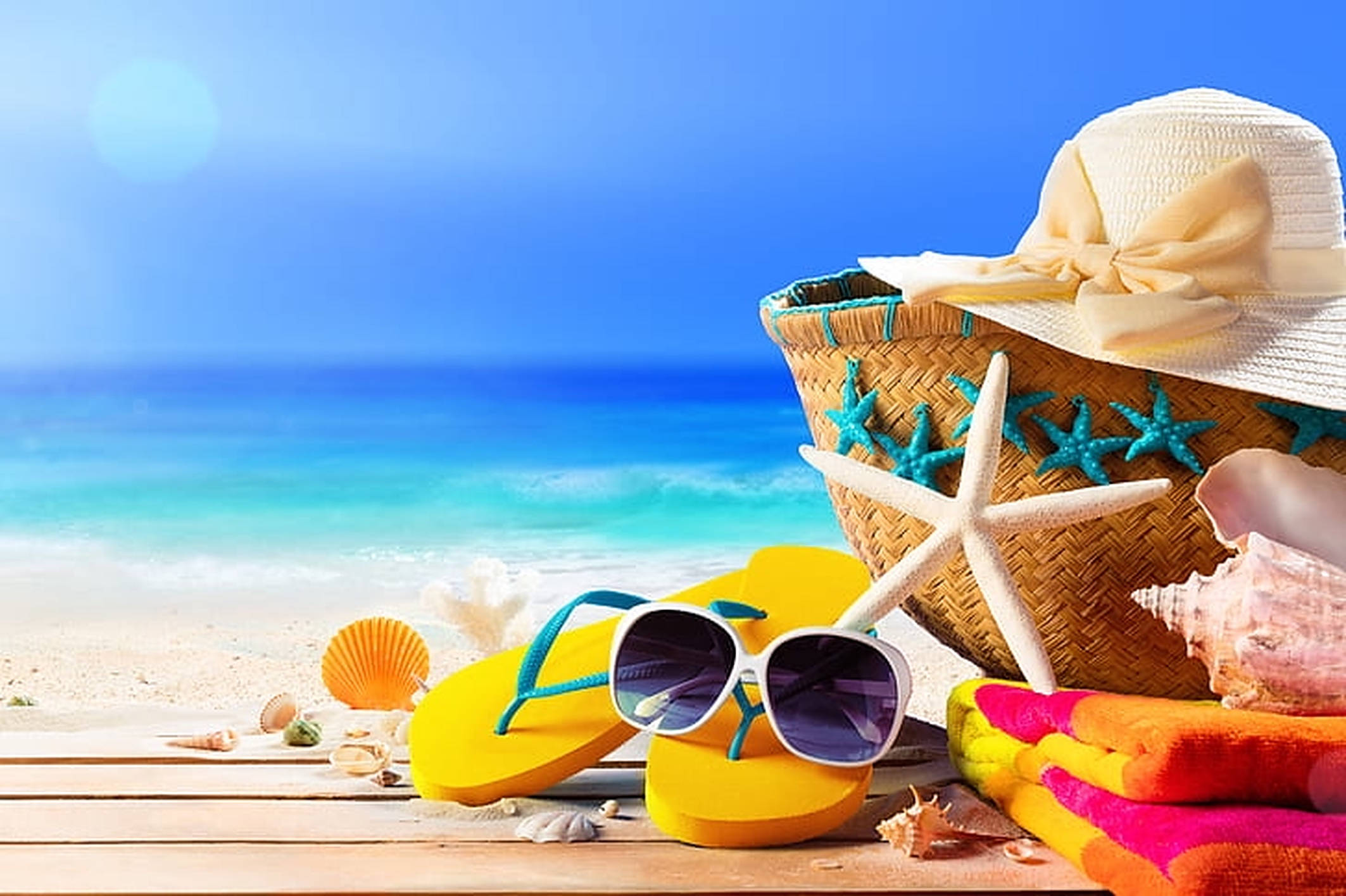 yellow flip flops, sunglasses, starfish, Full HD Desktop Wallpaper
