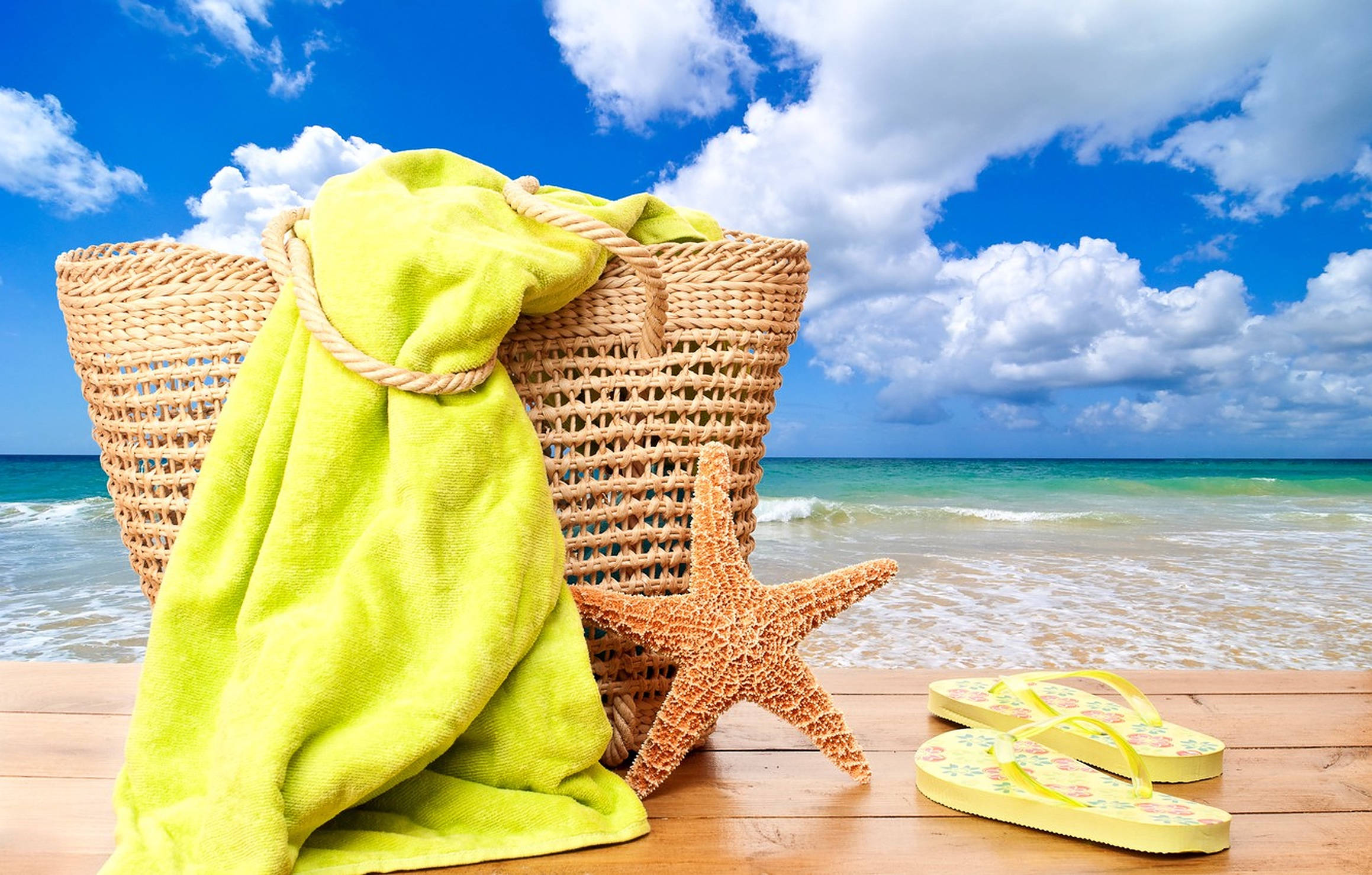 rattan bag, beach vacation, bright green towel, Full HD Desktop Wallpaper