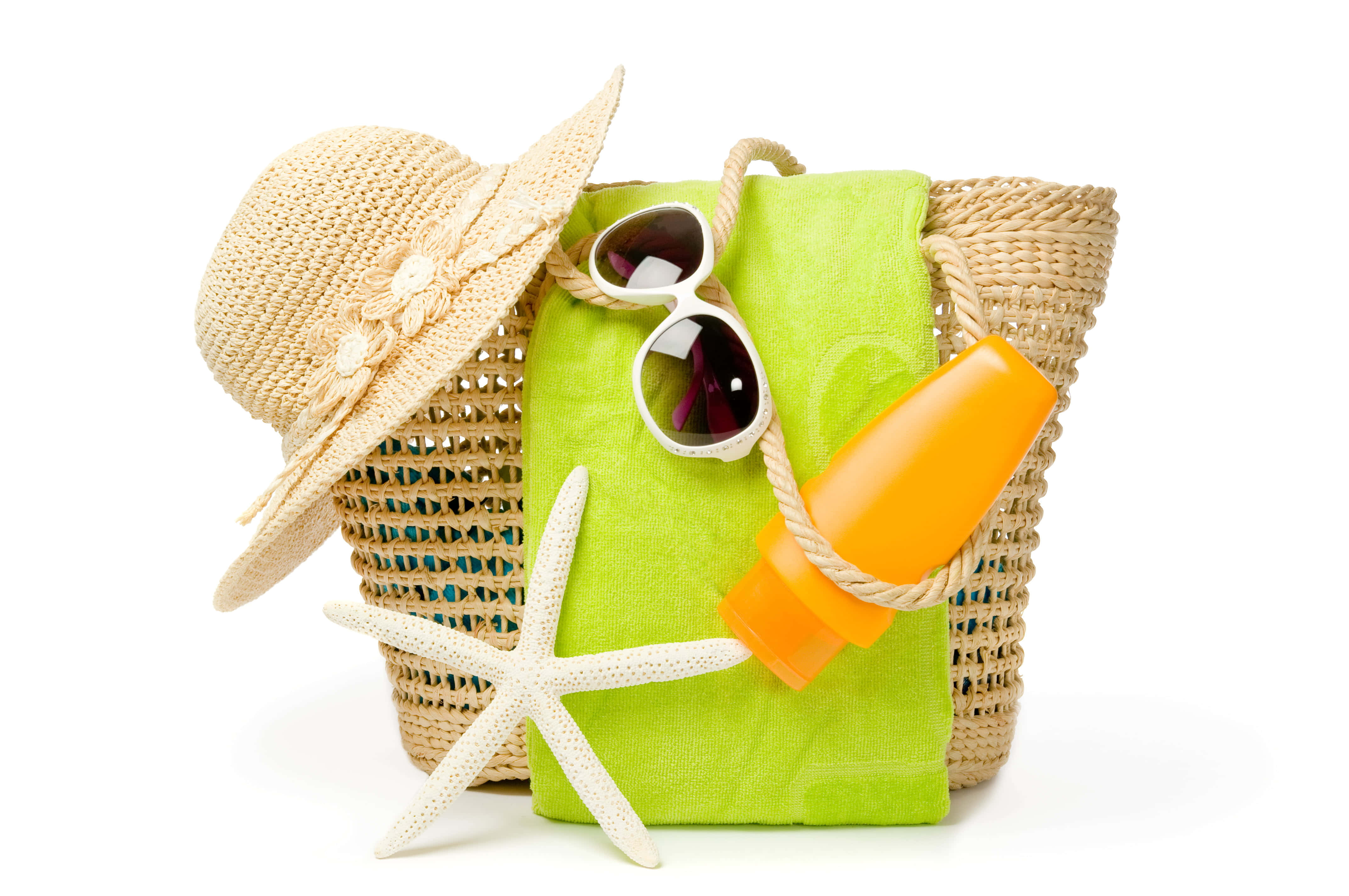 beach bag, bright green towel, orange sunscreen, 4K Desktop Wallpaper