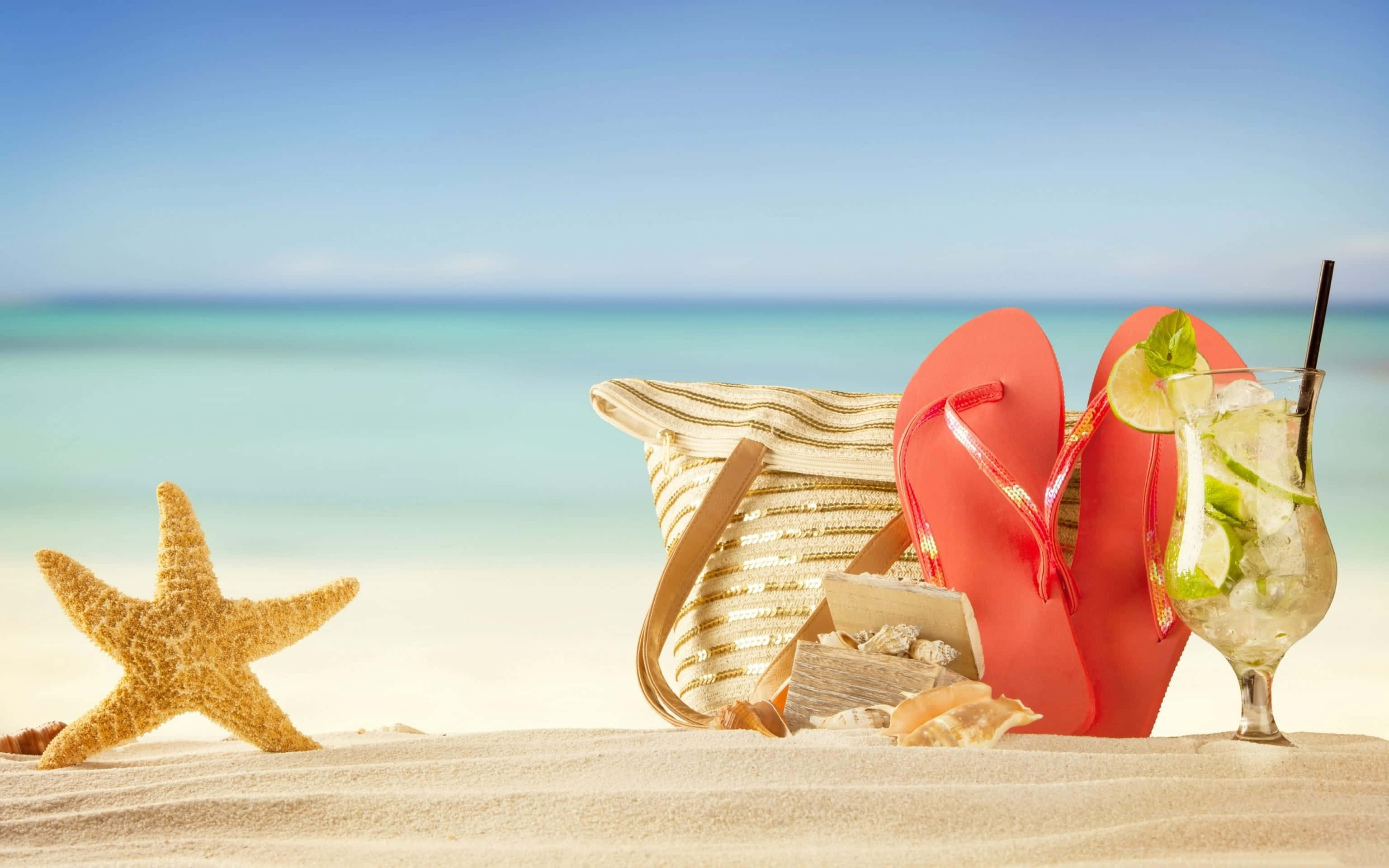 beach bag, tropical shore, red flip flops, 2K Desktop Wallpaper