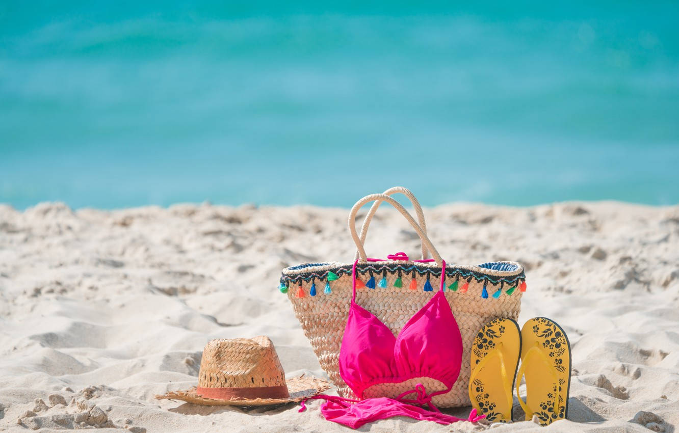 pink bikini, straw hat, yellow flip flops, HD Desktop Wallpaper