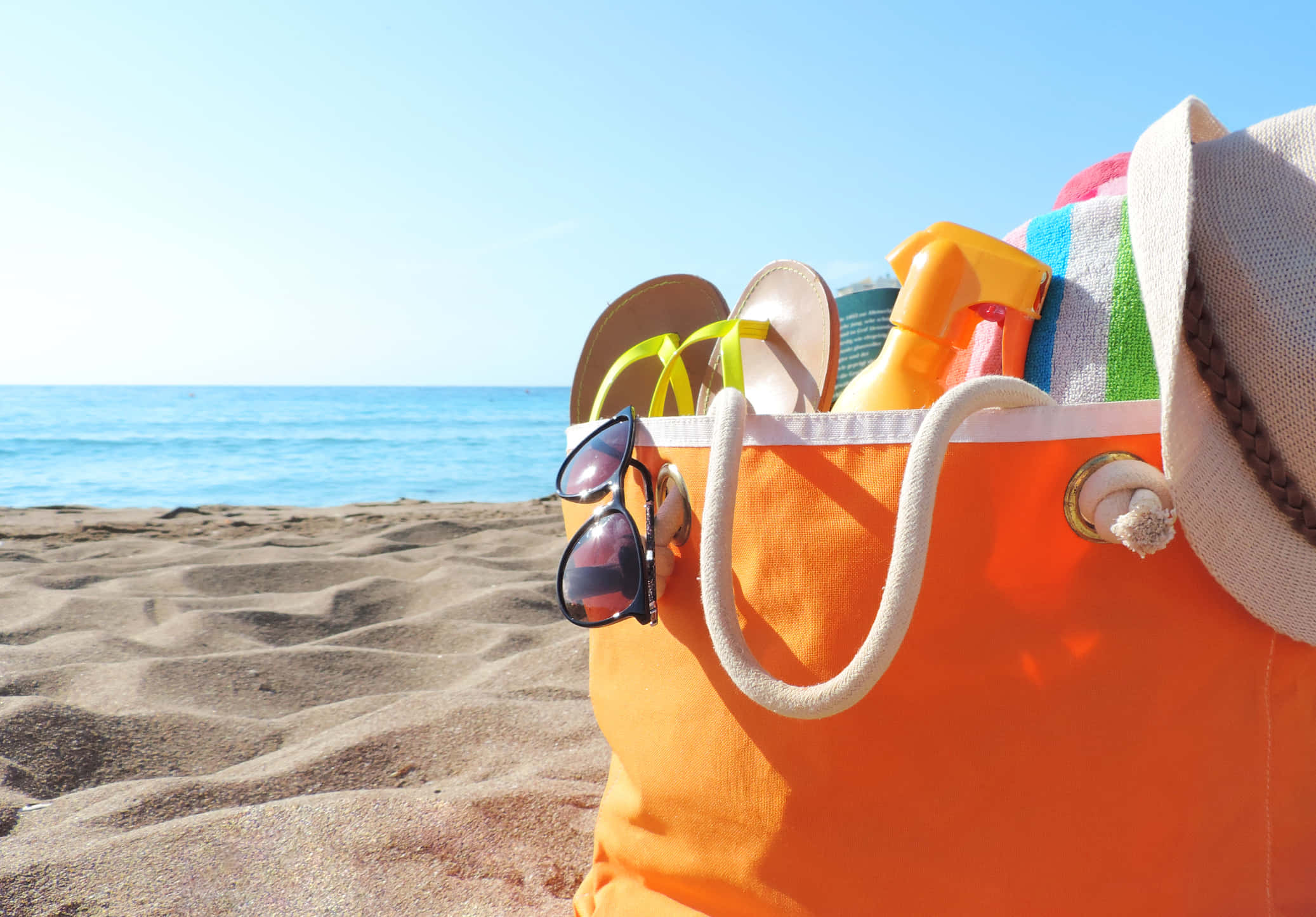 beach bag 2074, golden sand, turquoise ocean, Full HD Desktop Wallpaper