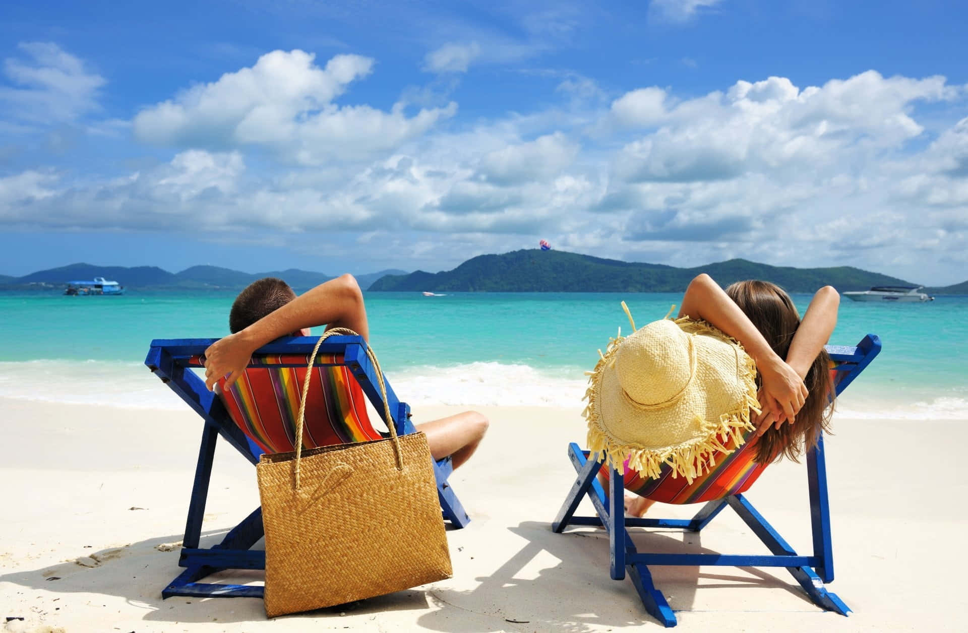 beach bag, white sand shore, turquoise waters, Full HD Desktop Wallpaper