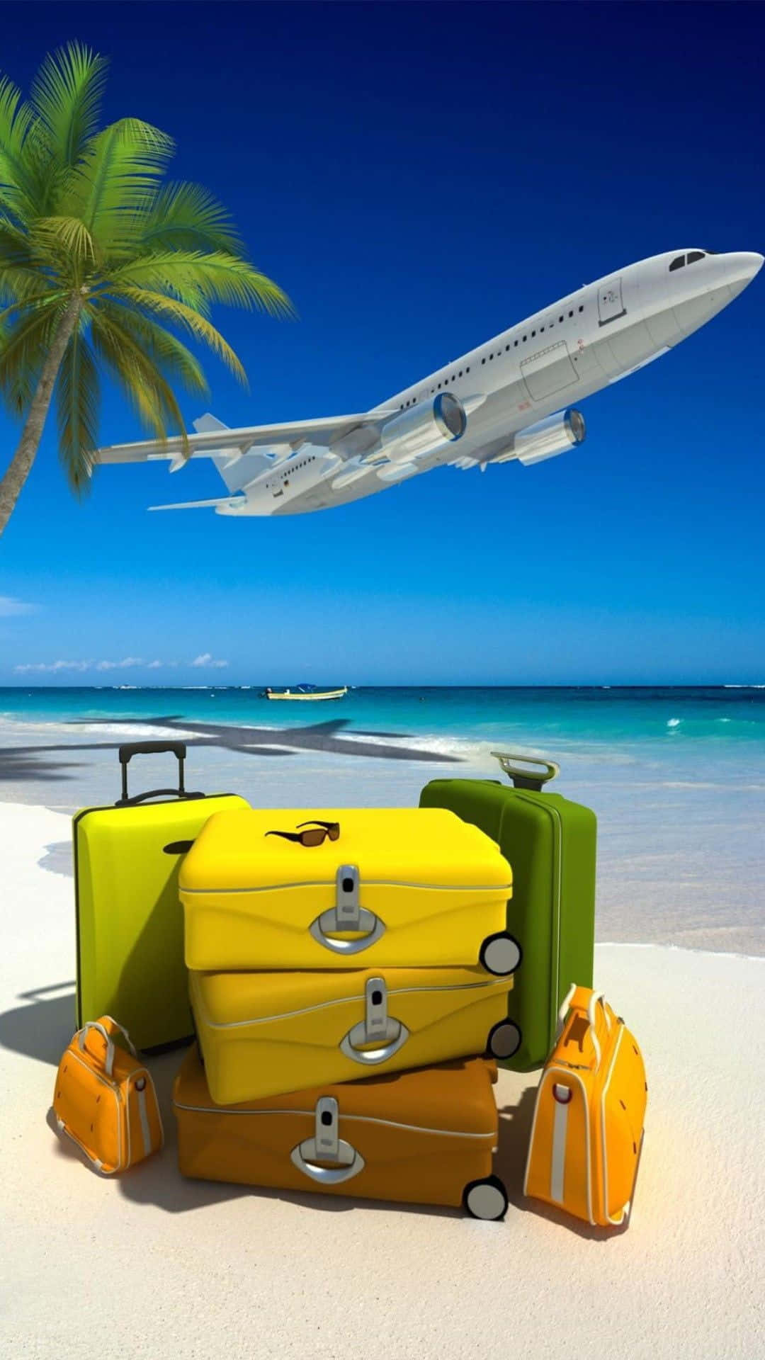 Vibrant yellow green, orange suitcases, tropical beach, Full HD Phone Wallpaper