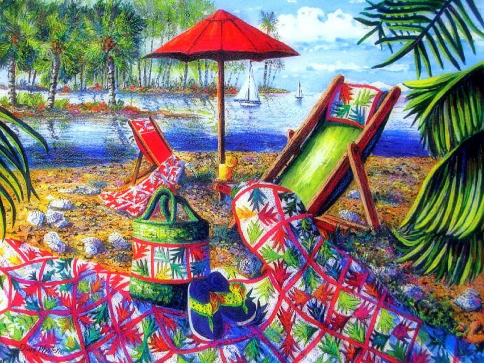 Beach Bag, red umbrella, lounge chairs, HD Desktop Wallpaper