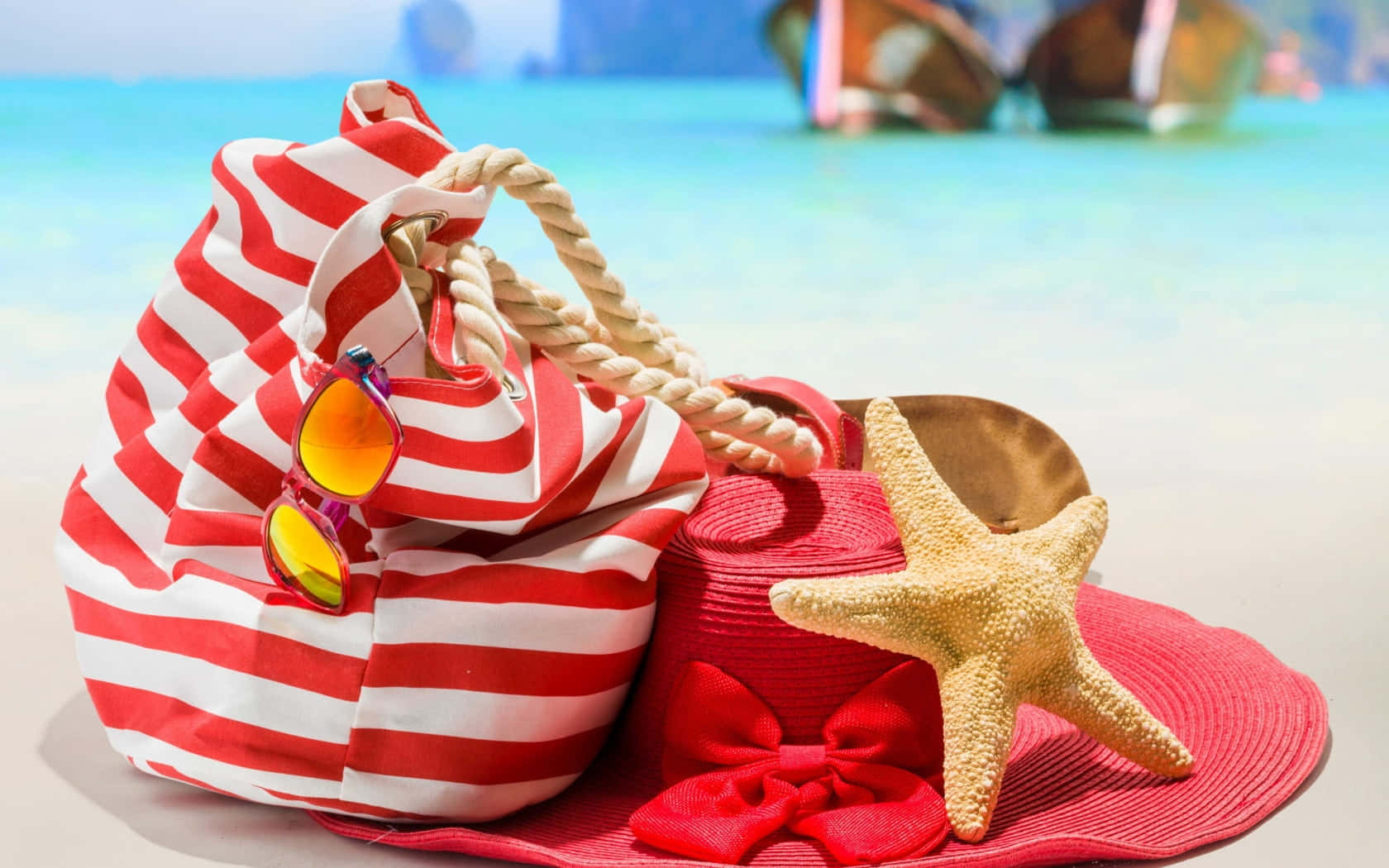 beach bag, red and white striped, sunglasses, HD Desktop Wallpaper
