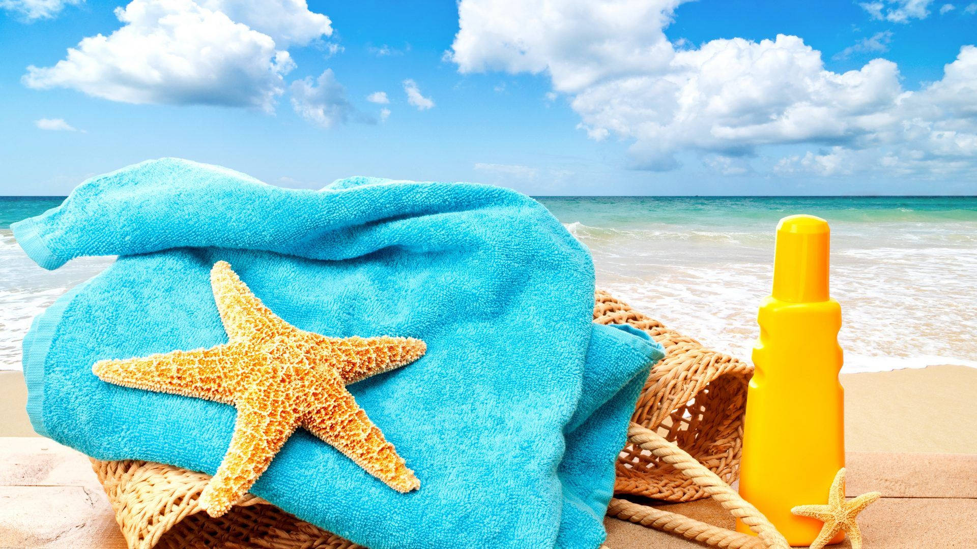 starfish, bright blue towel, woven basket, Full HD Desktop Wallpaper