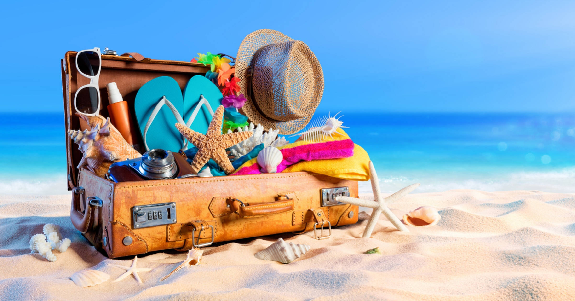 vintage suitcase, beach gear, golden sand, Full HD Desktop Wallpaper