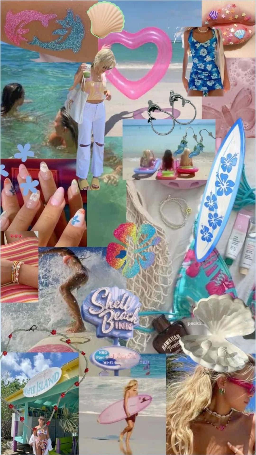 beach girl aesthetic, collage wallpaper, surfboards, Full HD Phone Wallpaper