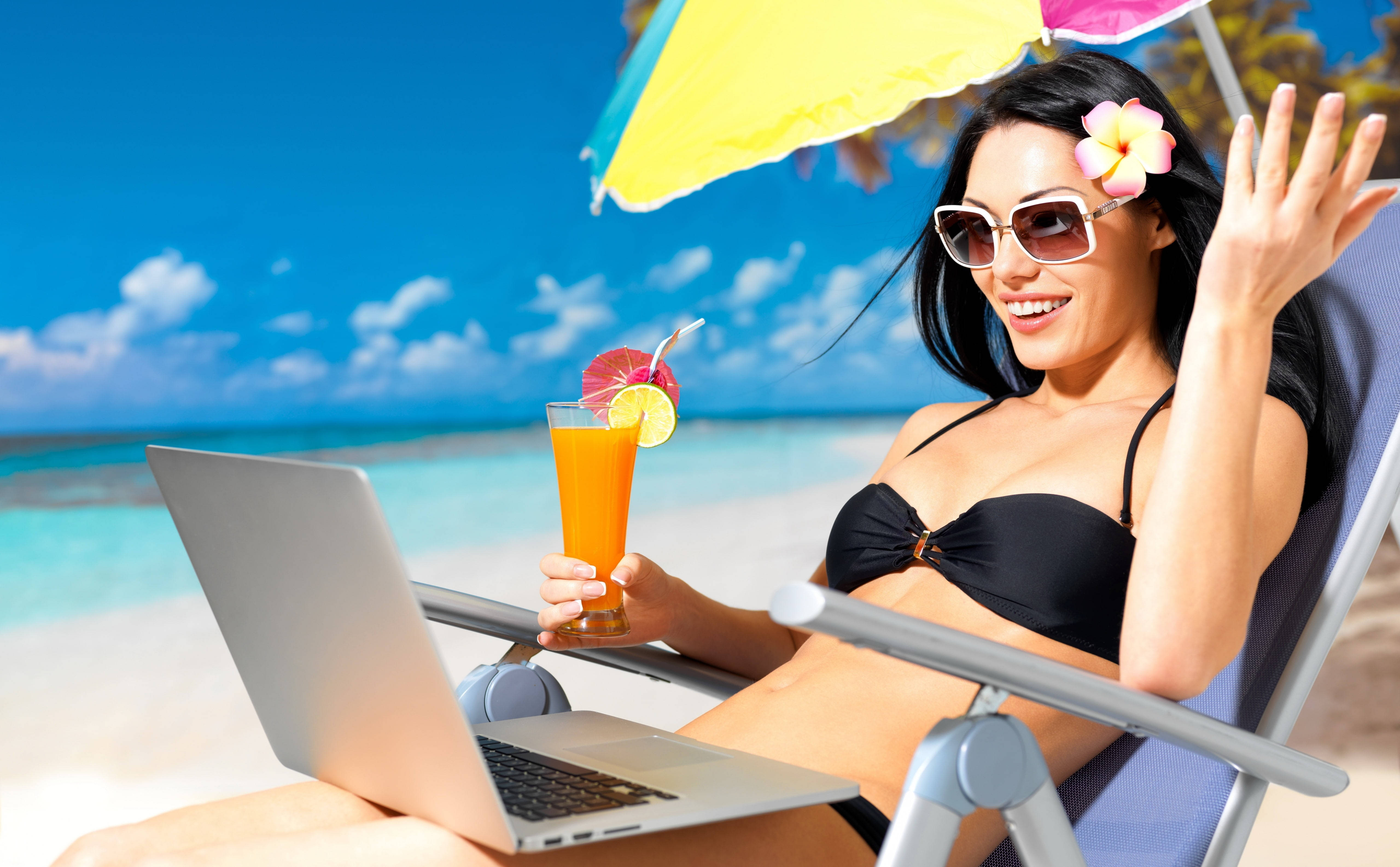 black bikini, beach chair, colorful umbrella, 5K Desktop Wallpaper