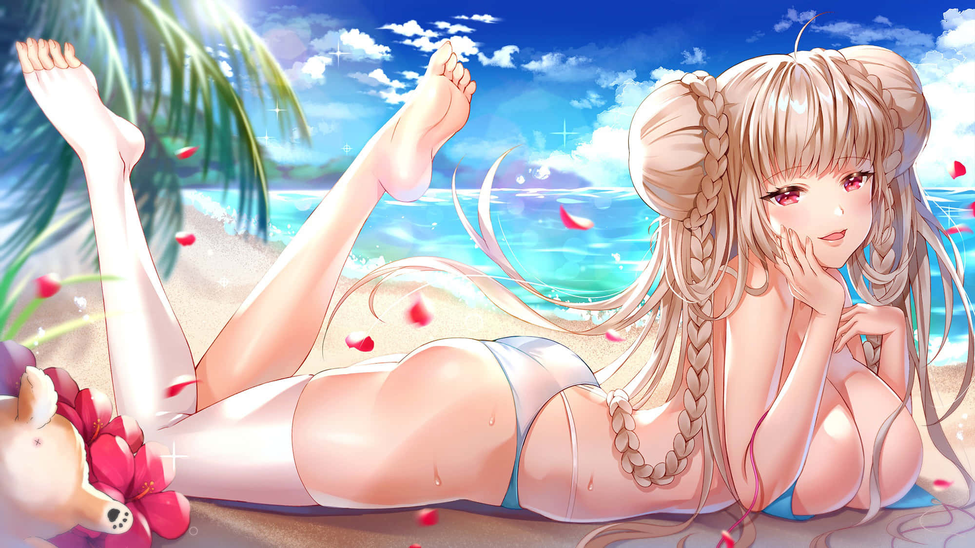 blonde anime girl, bikini, tropical beach, Full HD Desktop Wallpaper