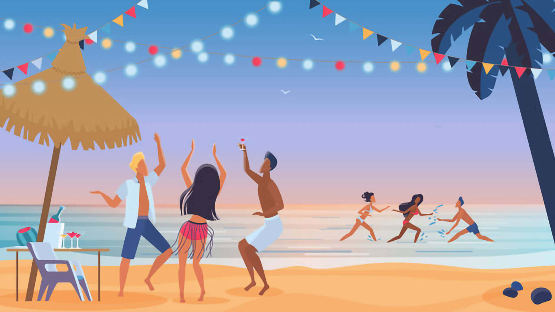 Beach Party, string lights, palm trees, Full HD Desktop Wallpaper