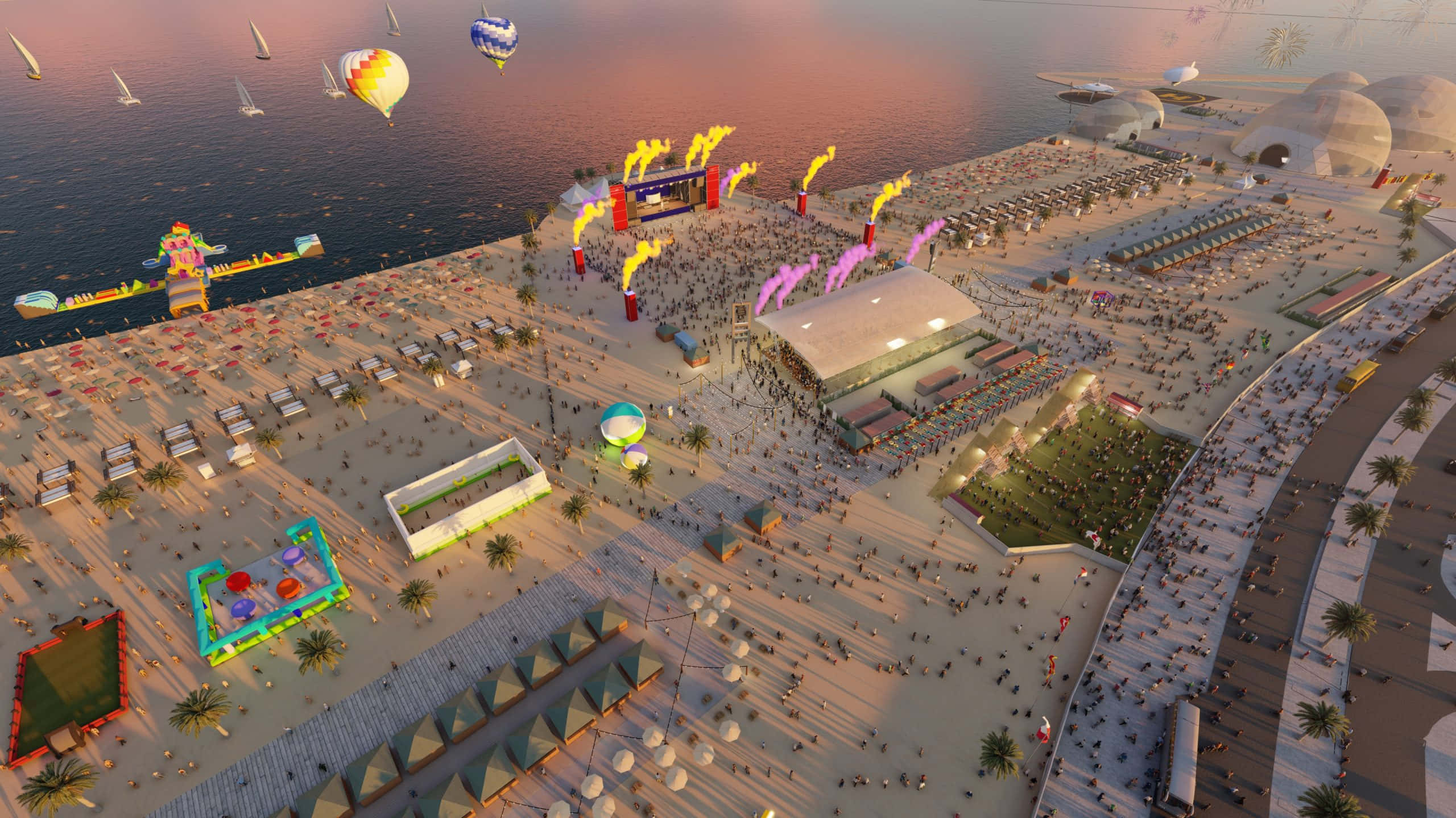 Beach Party, sunset, hot air balloons, 2K Desktop Wallpaper