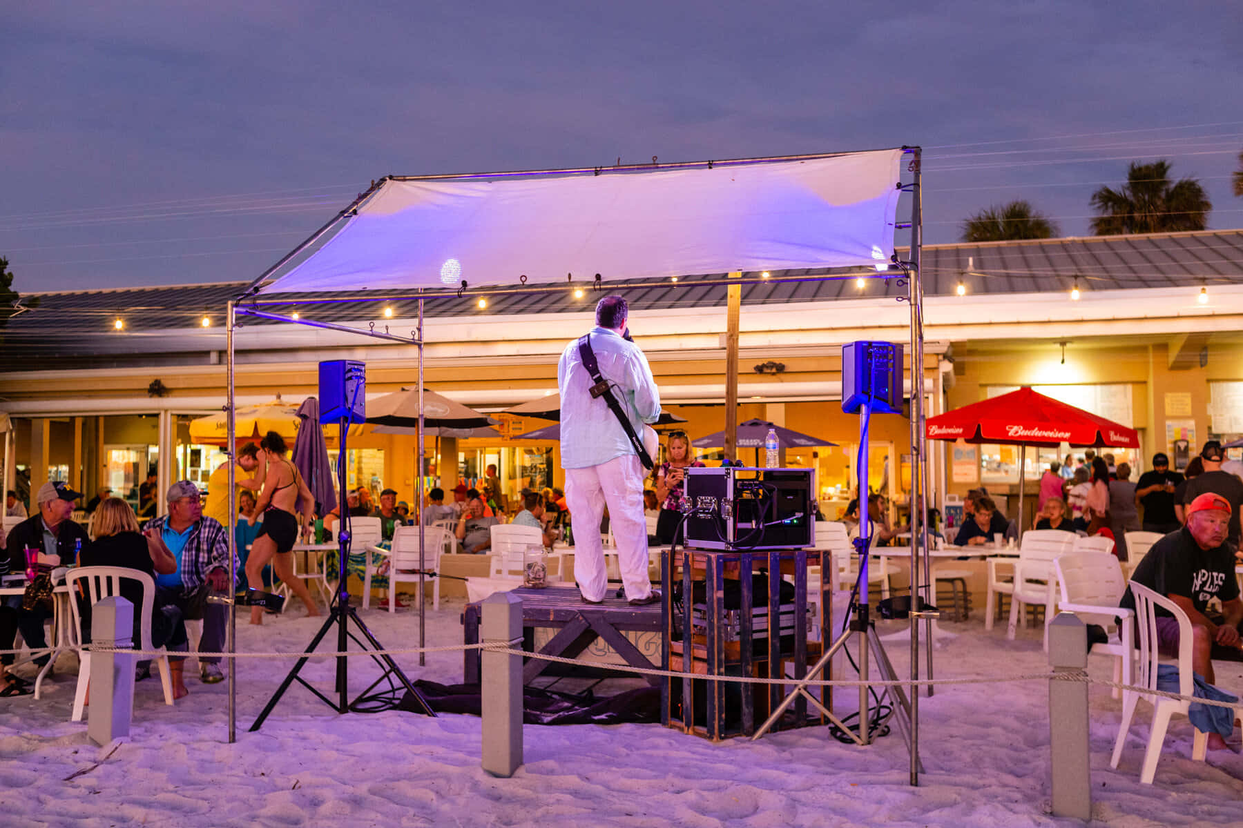 Beach Party, Sunset, beachside stage, HD Desktop Wallpaper