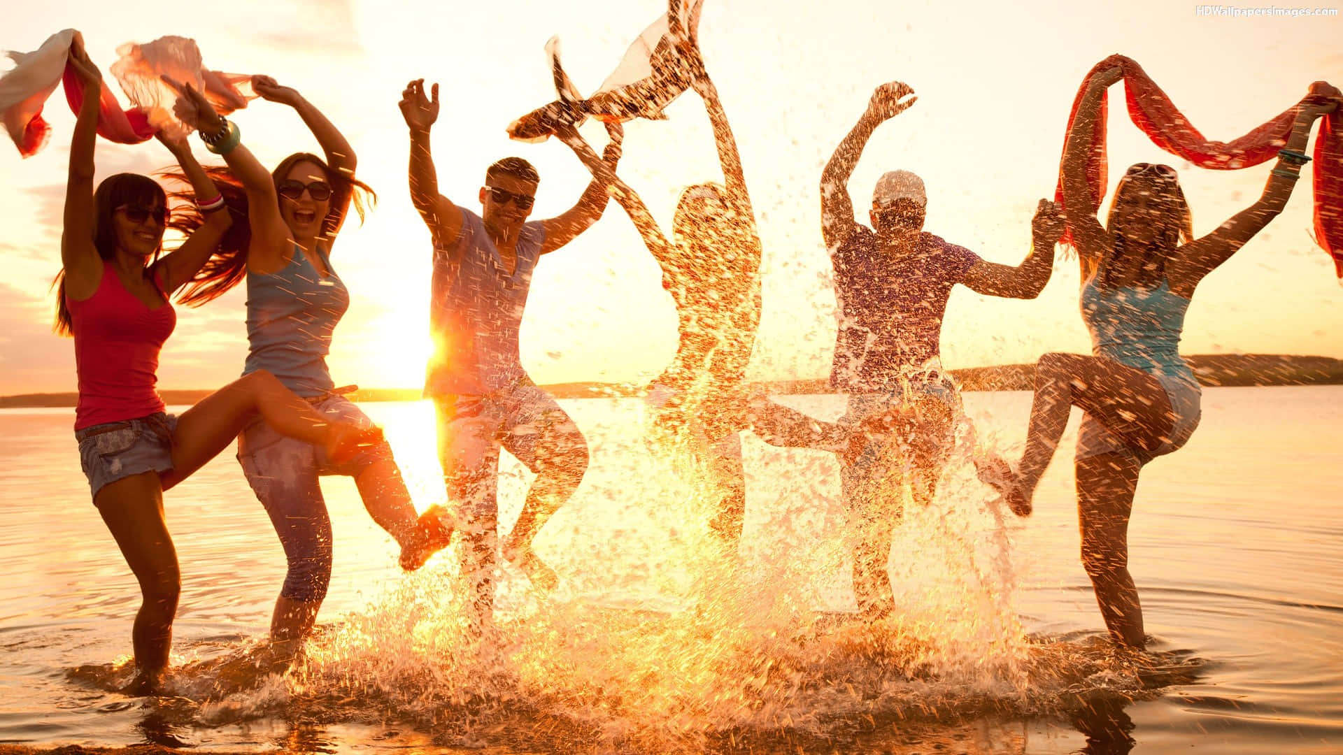 Beach Party, golden sunset, water, Full HD Desktop Wallpaper