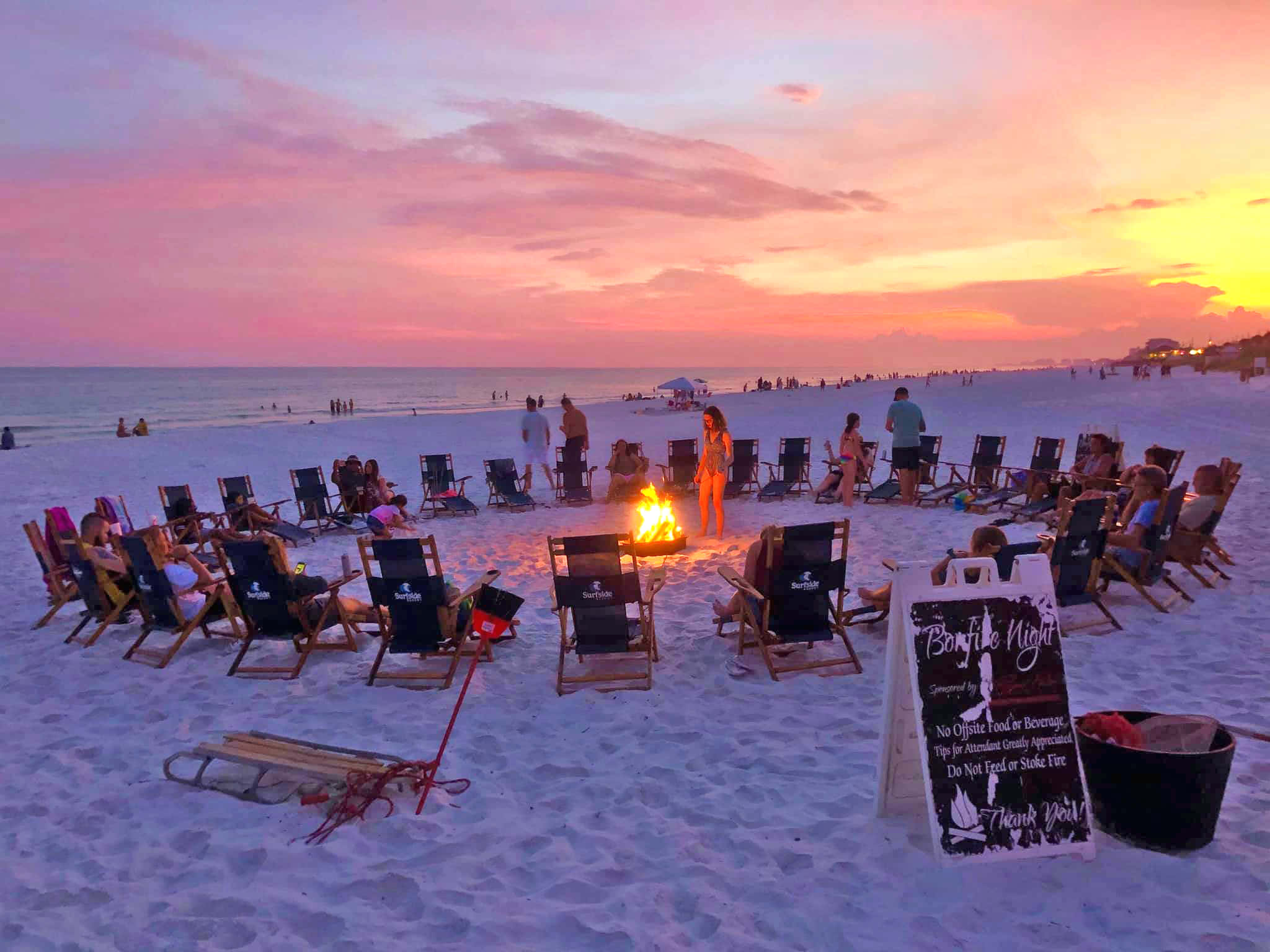 Beach Bonfire, sunset, pink orange sky, Full HD Desktop Wallpaper