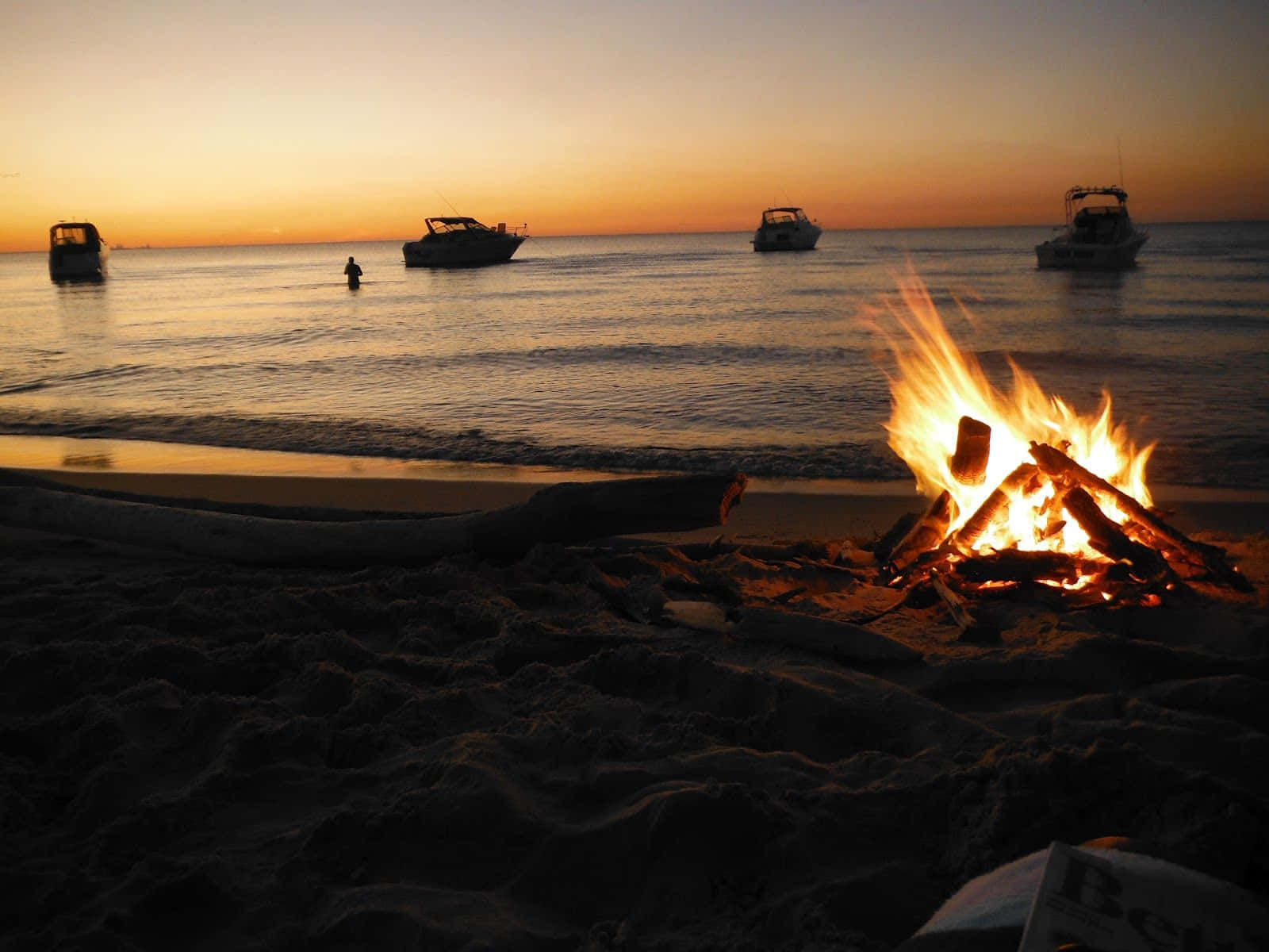 Beach Bonfire, sunset, silhouetted boats, HD Desktop Wallpaper