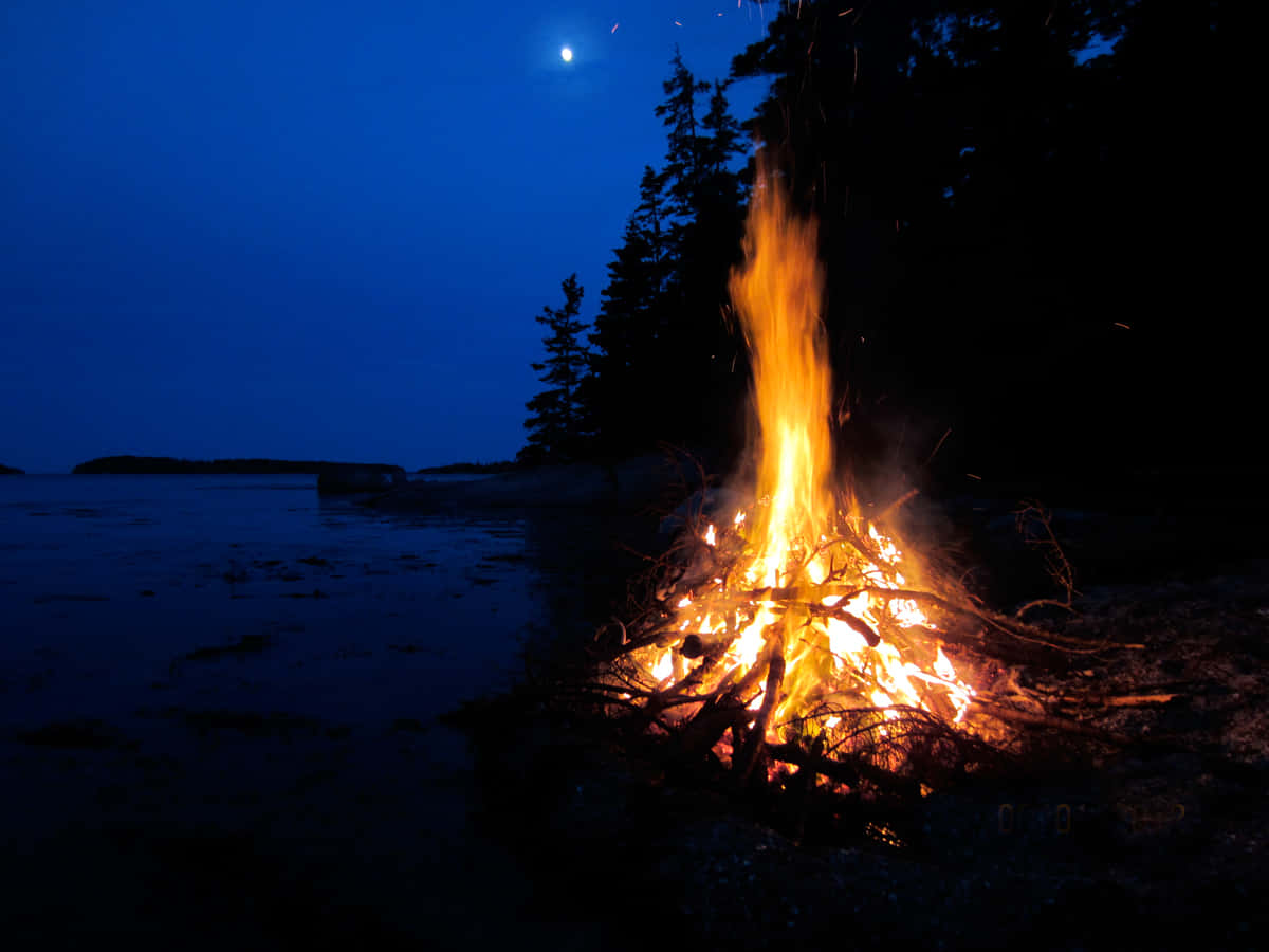 beach bonfire, starry sky, moonlit shoreline, SD Desktop Wallpaper