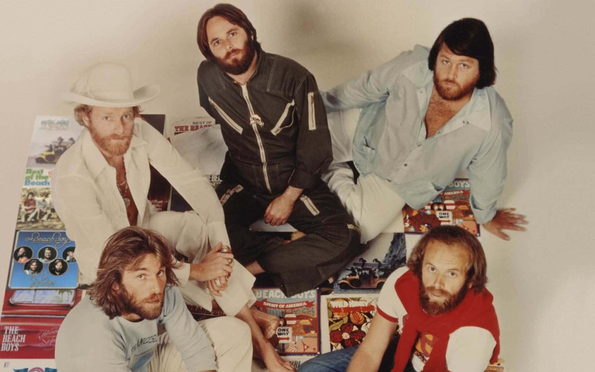 Beach Boys, 1970s attire, stack of Beach Boys albums, Full HD Desktop Wallpaper