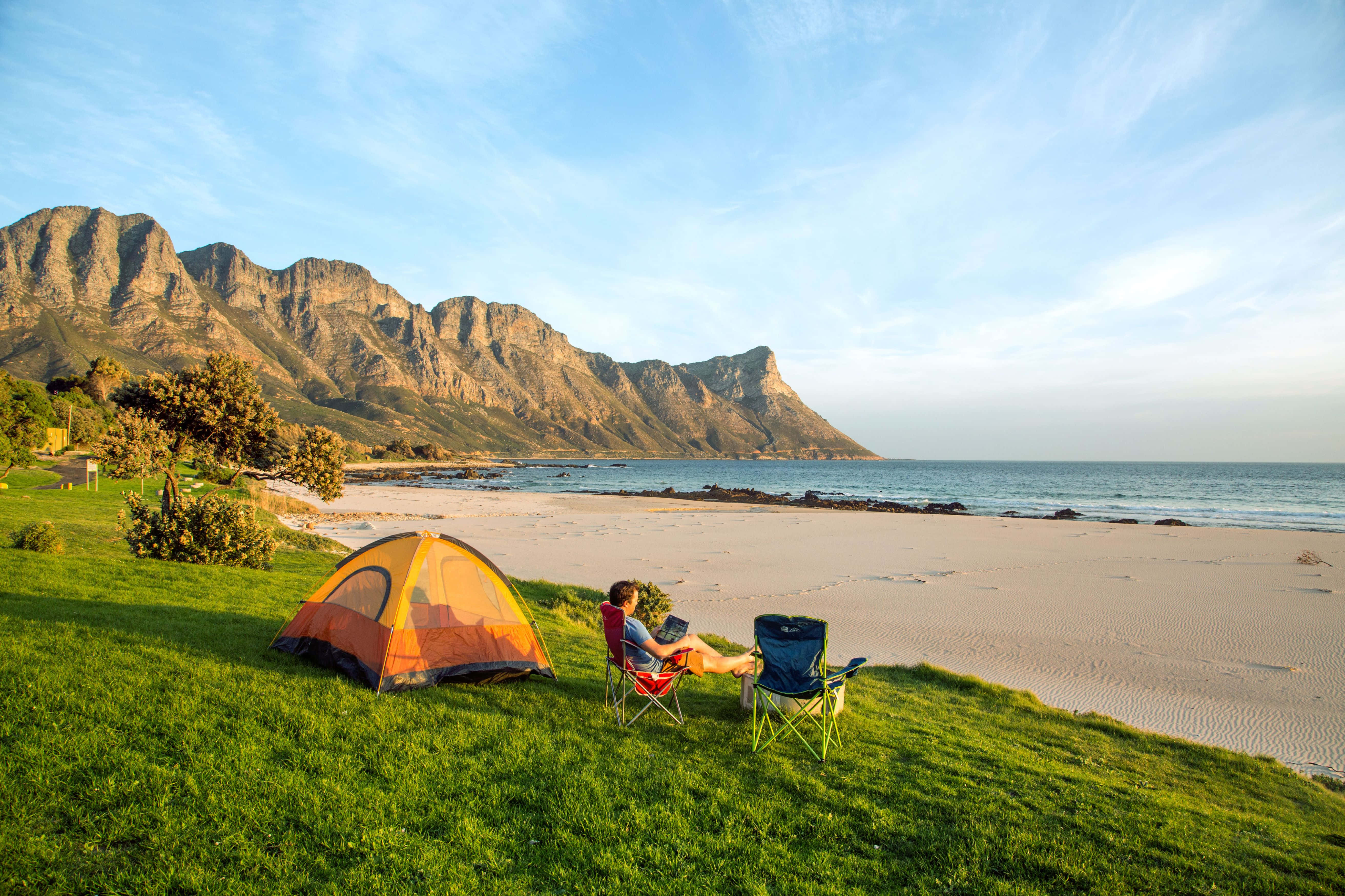 beach camping, orange tent, grassy hill, 5K Desktop Wallpaper