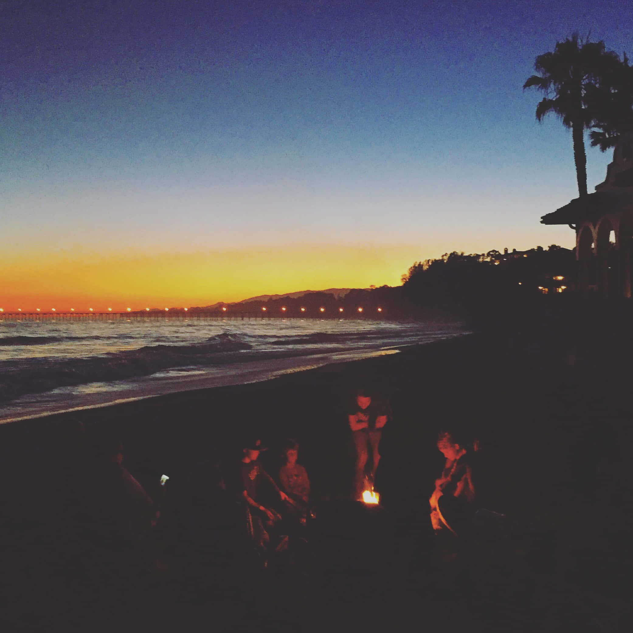Beach Campfire, twilight, starry night sky, Full HD Desktop Wallpaper