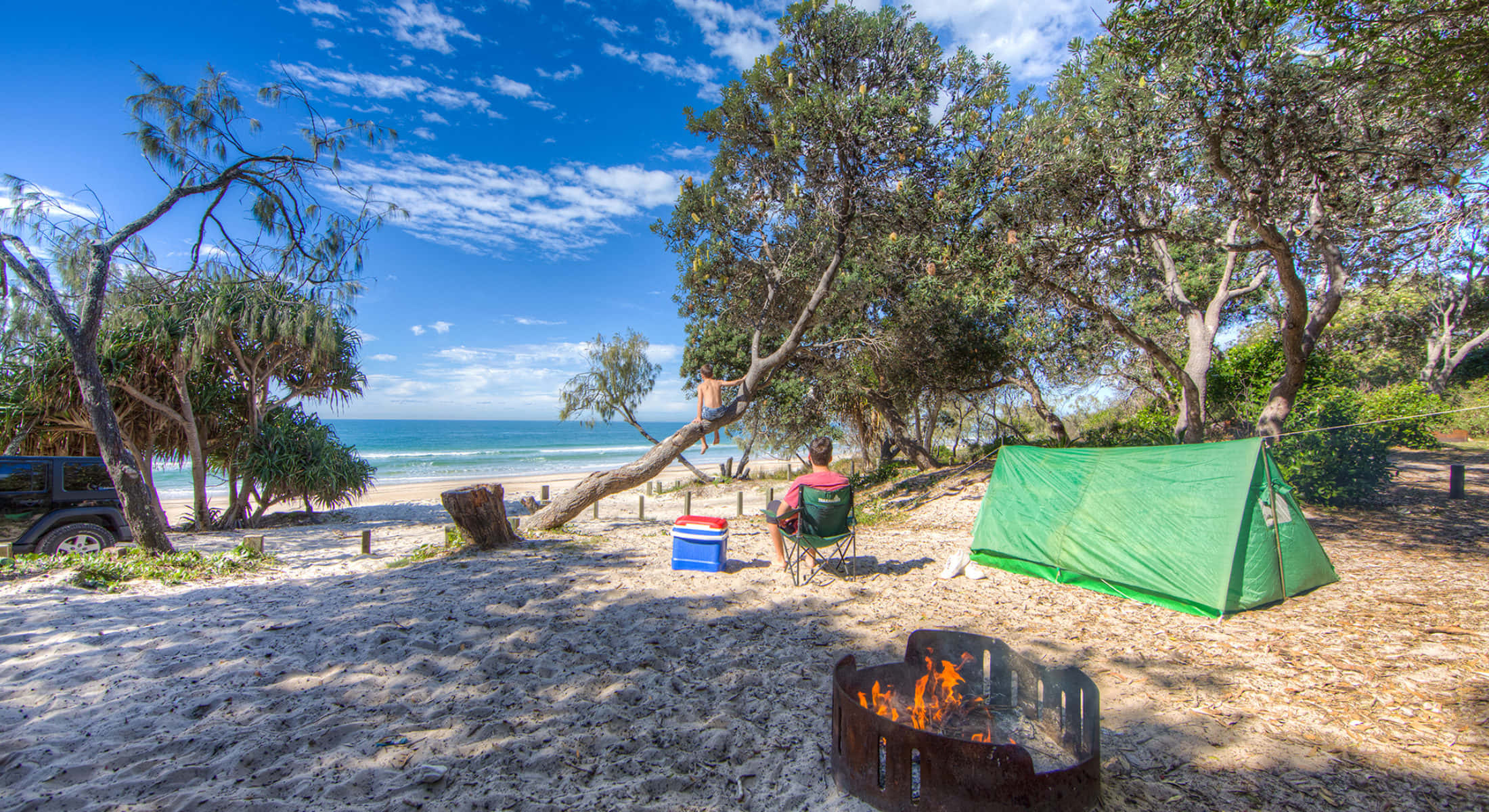 Sunset, beach, campfire, Full HD Desktop Wallpaper
