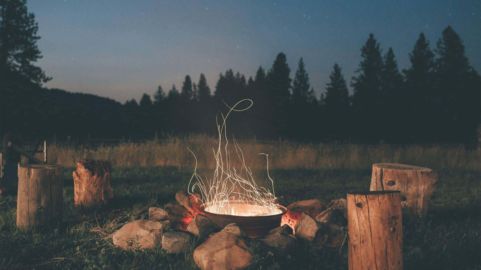 campfire, nighttime, grassy field, Full HD Desktop Wallpaper