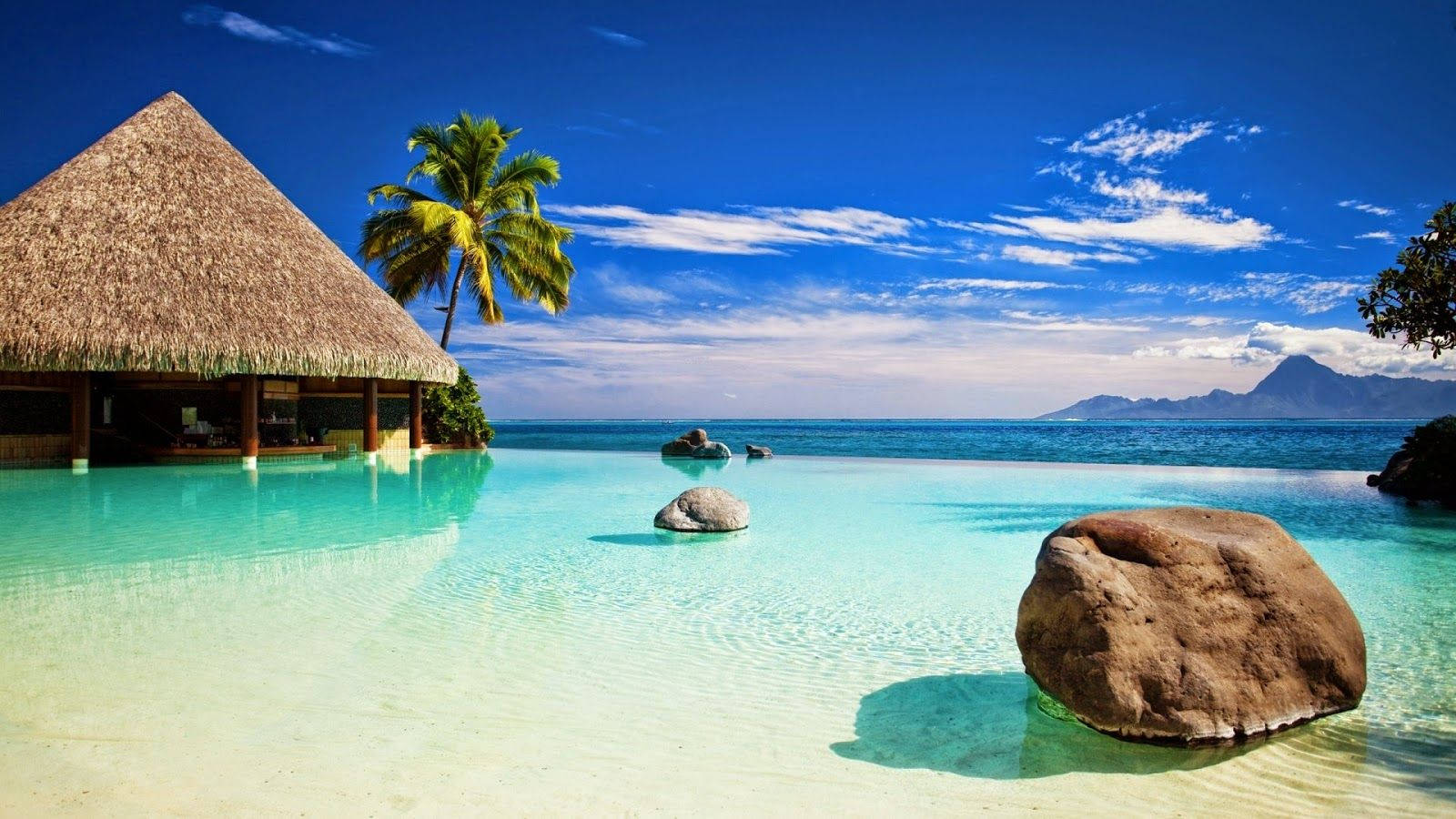 overwater bungalow, thatched roof, infinity pool, HD Desktop Wallpaper