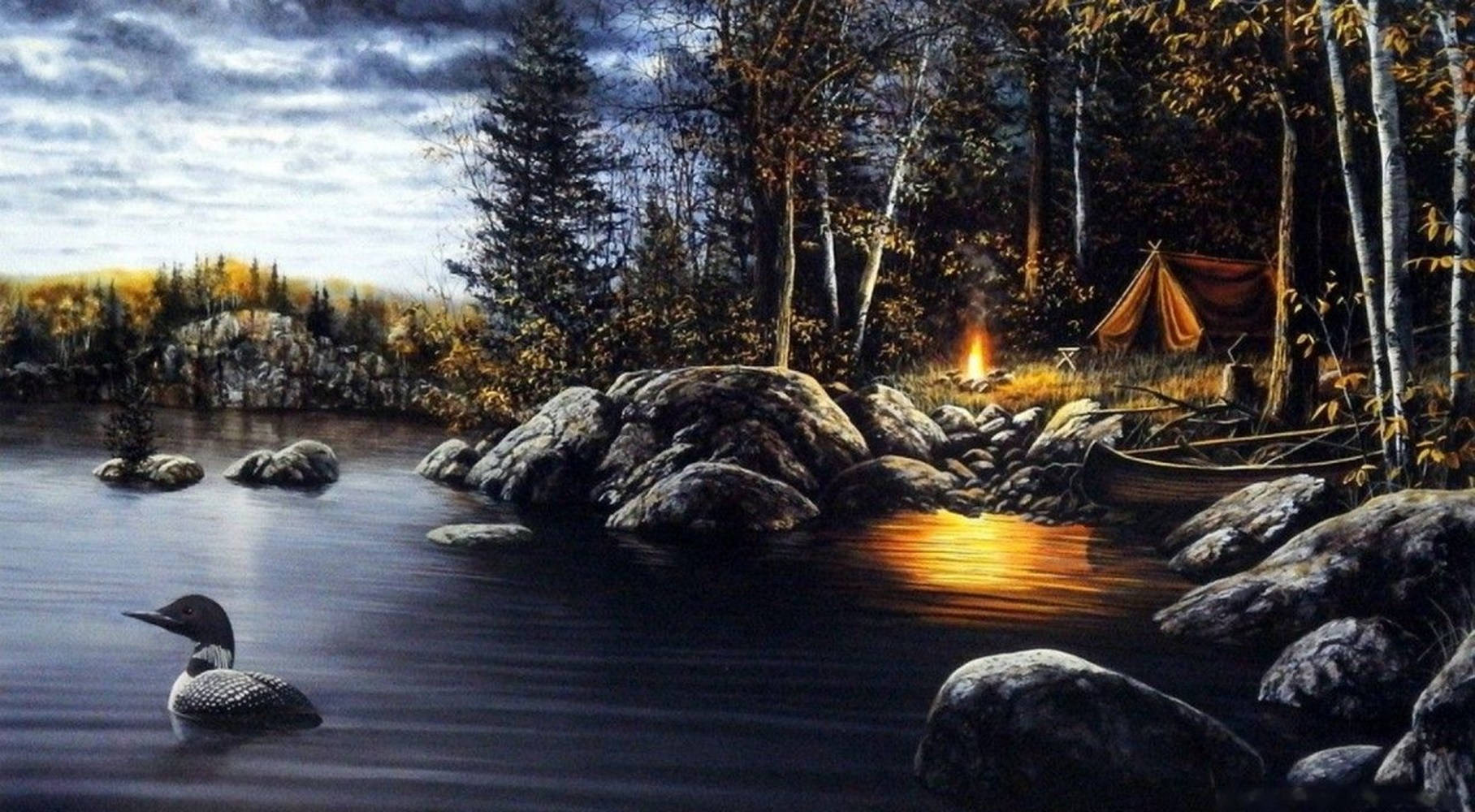 loon, campfire, tent, HD Desktop Wallpaper