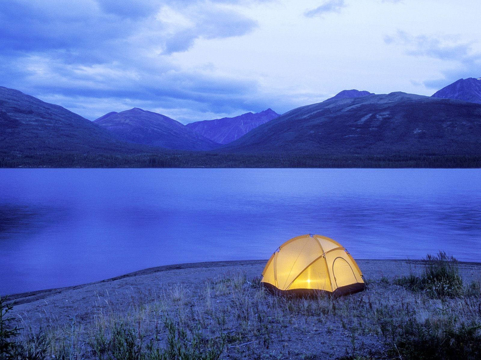 glowing yellow tent, lakeshore, dusk, HD Desktop Wallpaper