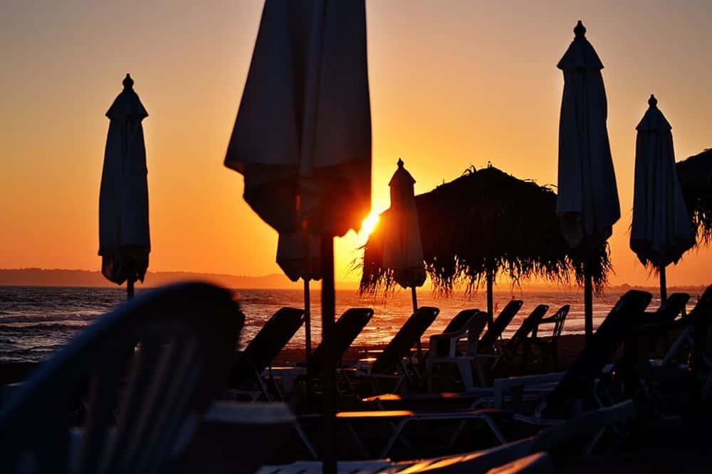beach sunbed, glowing sunset, calm ocean waters, SD Desktop Wallpaper