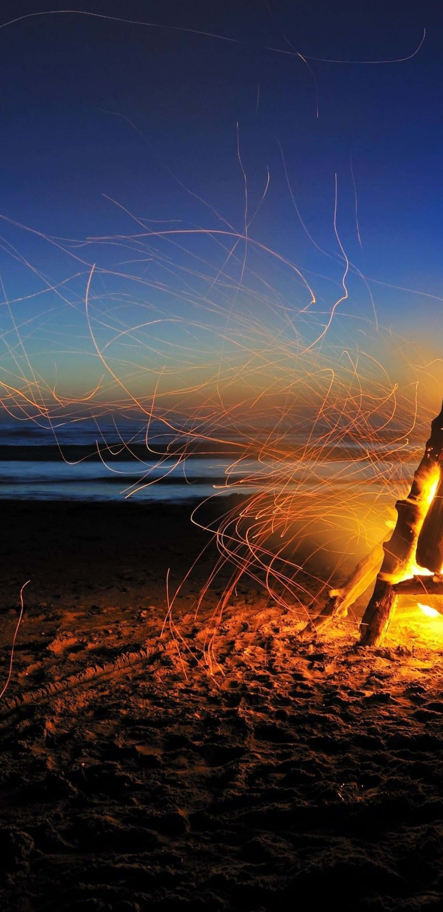 campfire, beach, dusk, 2K Phone Wallpaper