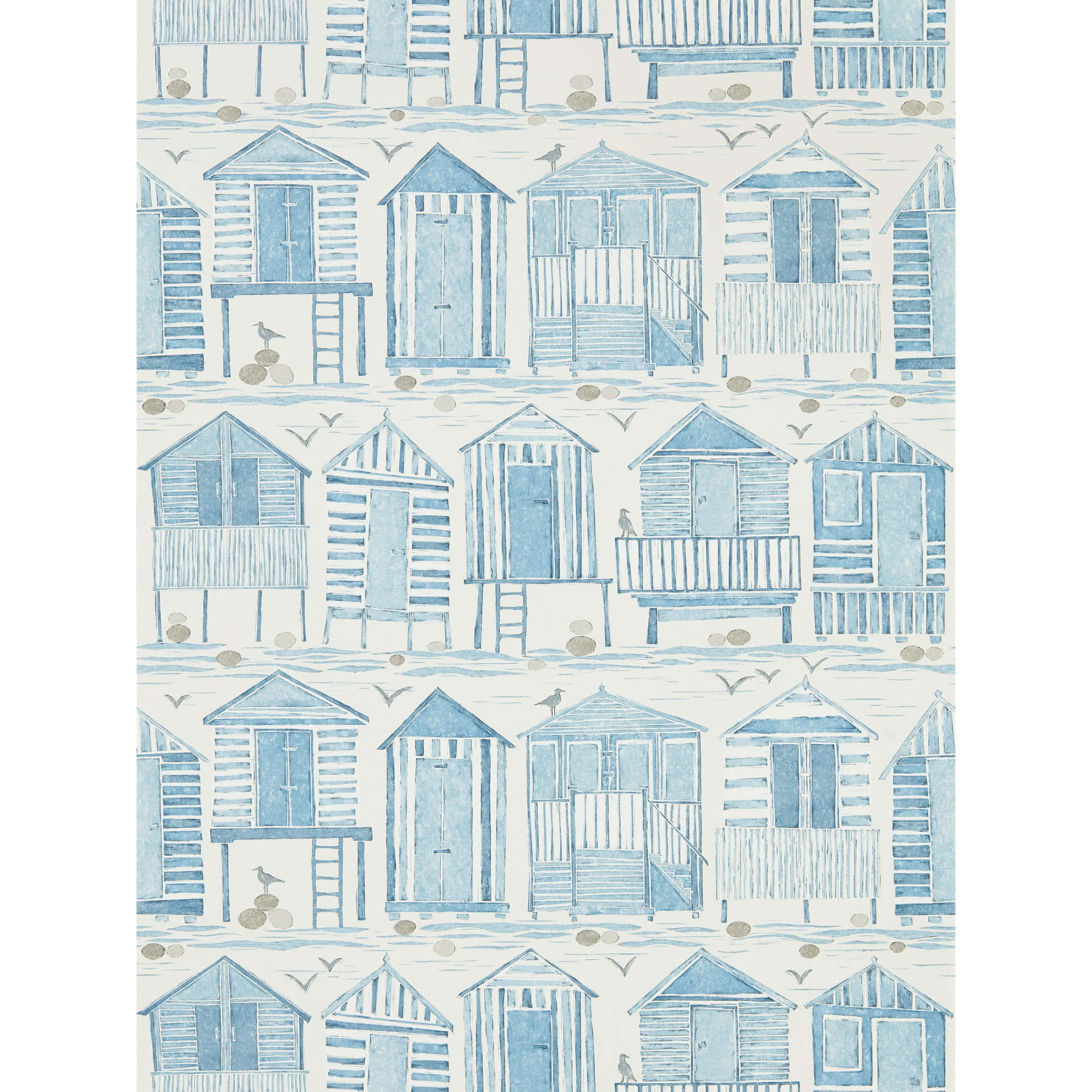 blue beach huts, cream background, birds, Full HD Desktop Wallpaper