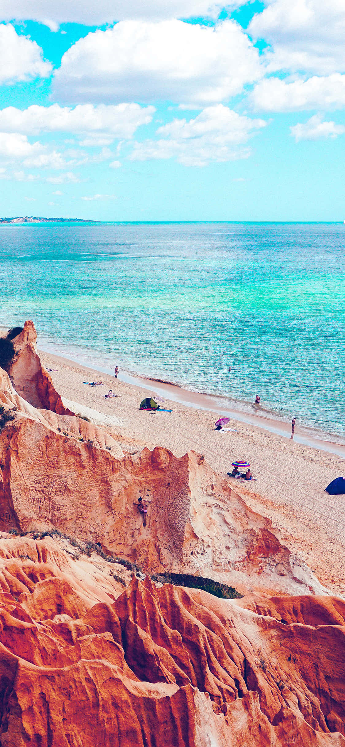 turquoise ocean, golden sand, bright blue sky, Full HD Phone Wallpaper