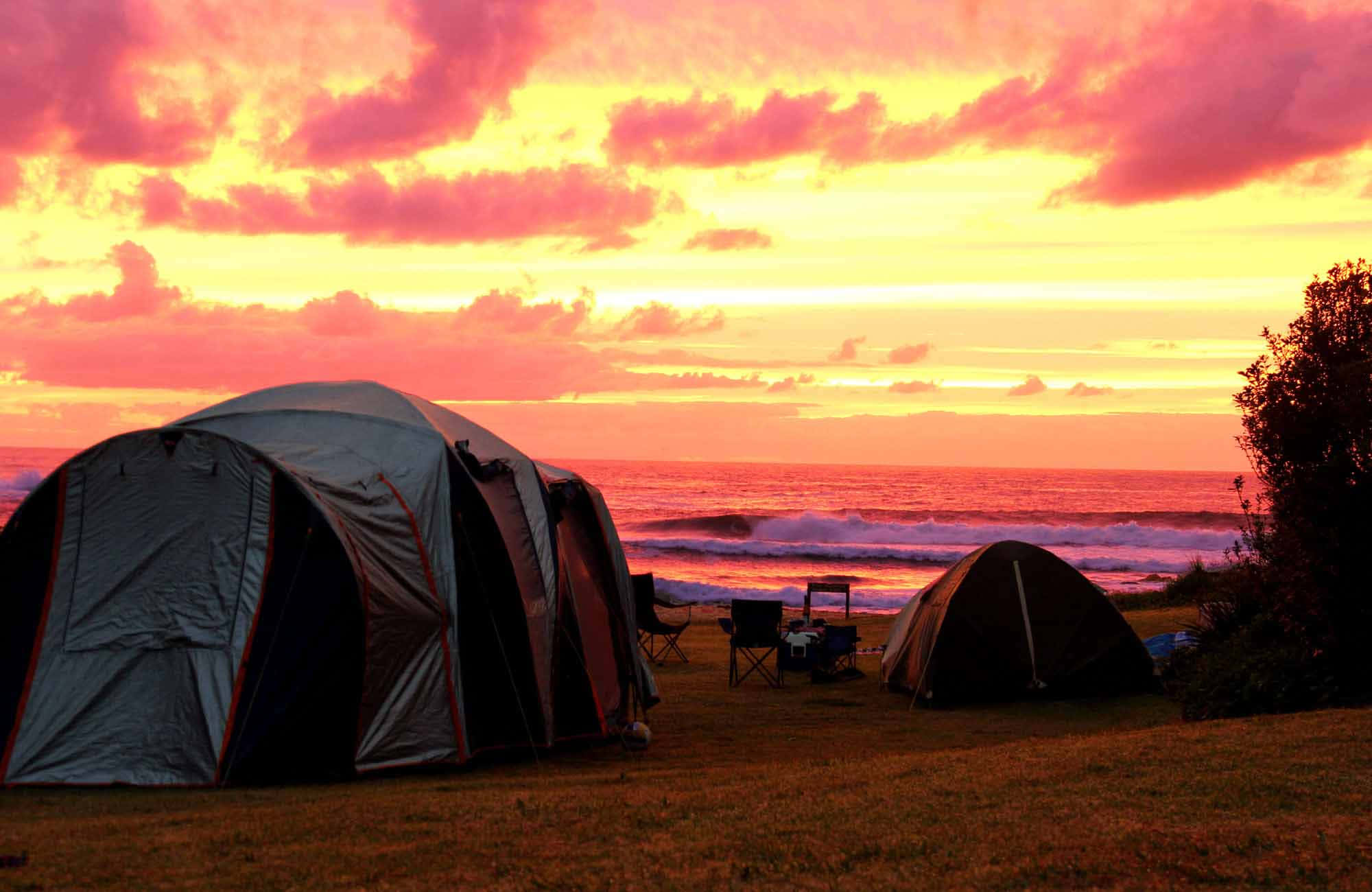 Beach Camping, sunset, fiery orange and pink clouds, Full HD Desktop Wallpaper