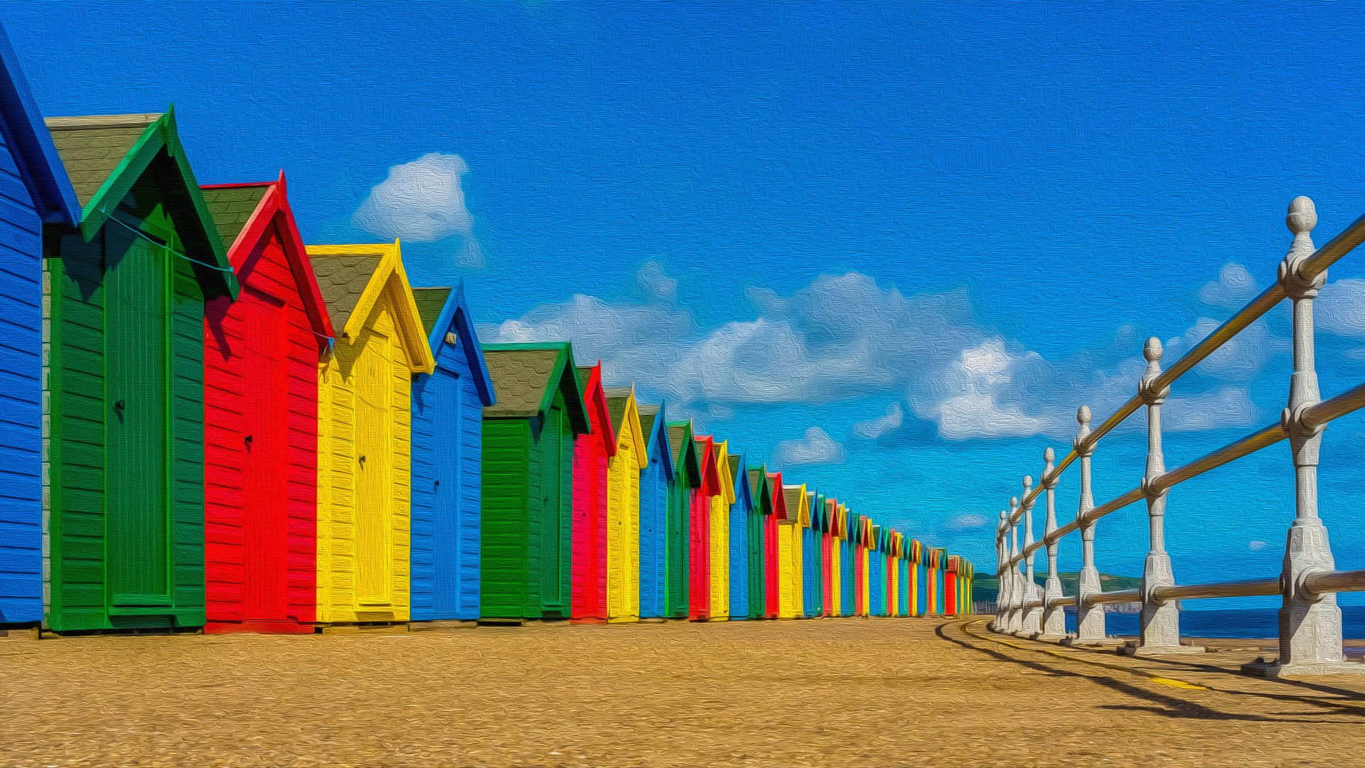 beach huts, sandy shore, bright blue sky, Full HD Desktop Wallpaper