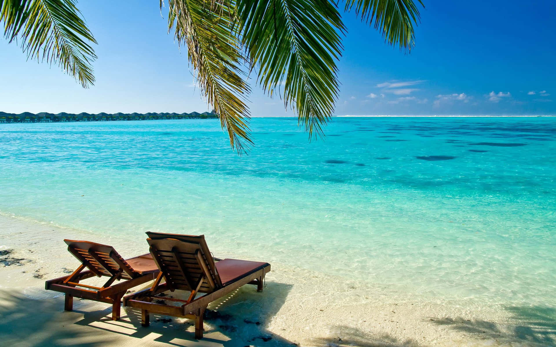tropical beach paradise, wooden lounge chairs, white sand, Full HD Desktop Wallpaper