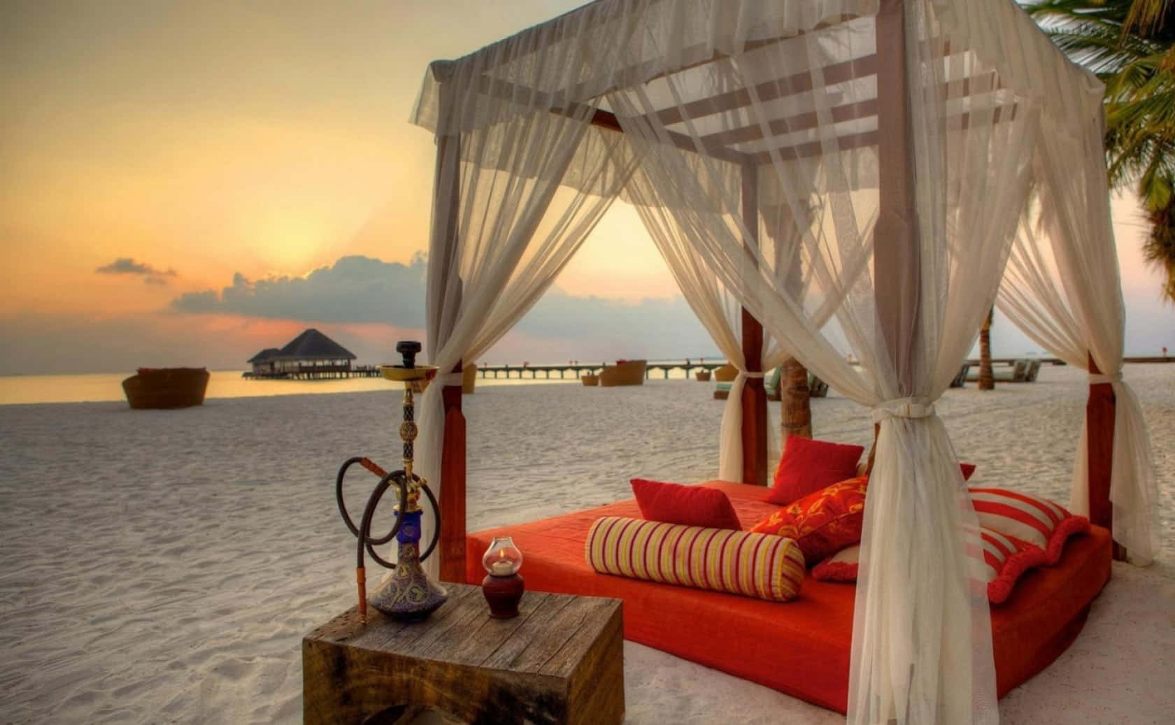 red daybed, white canopy, sandy beach, HD Desktop Wallpaper