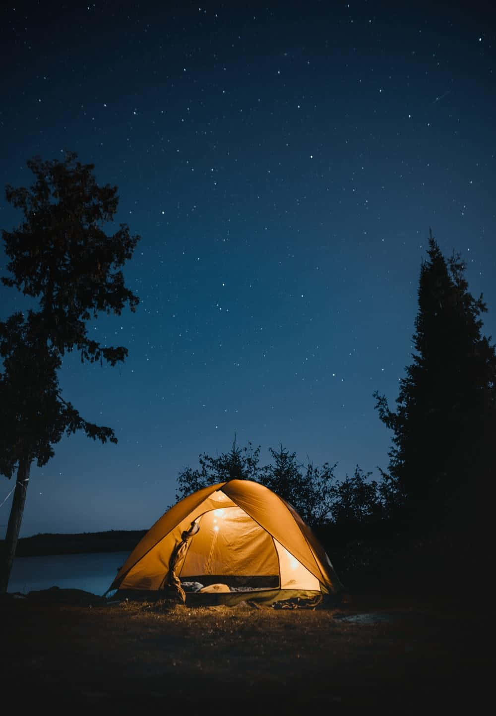 Beach Camping, glowing orange tent, lake, HD Phone Wallpaper
