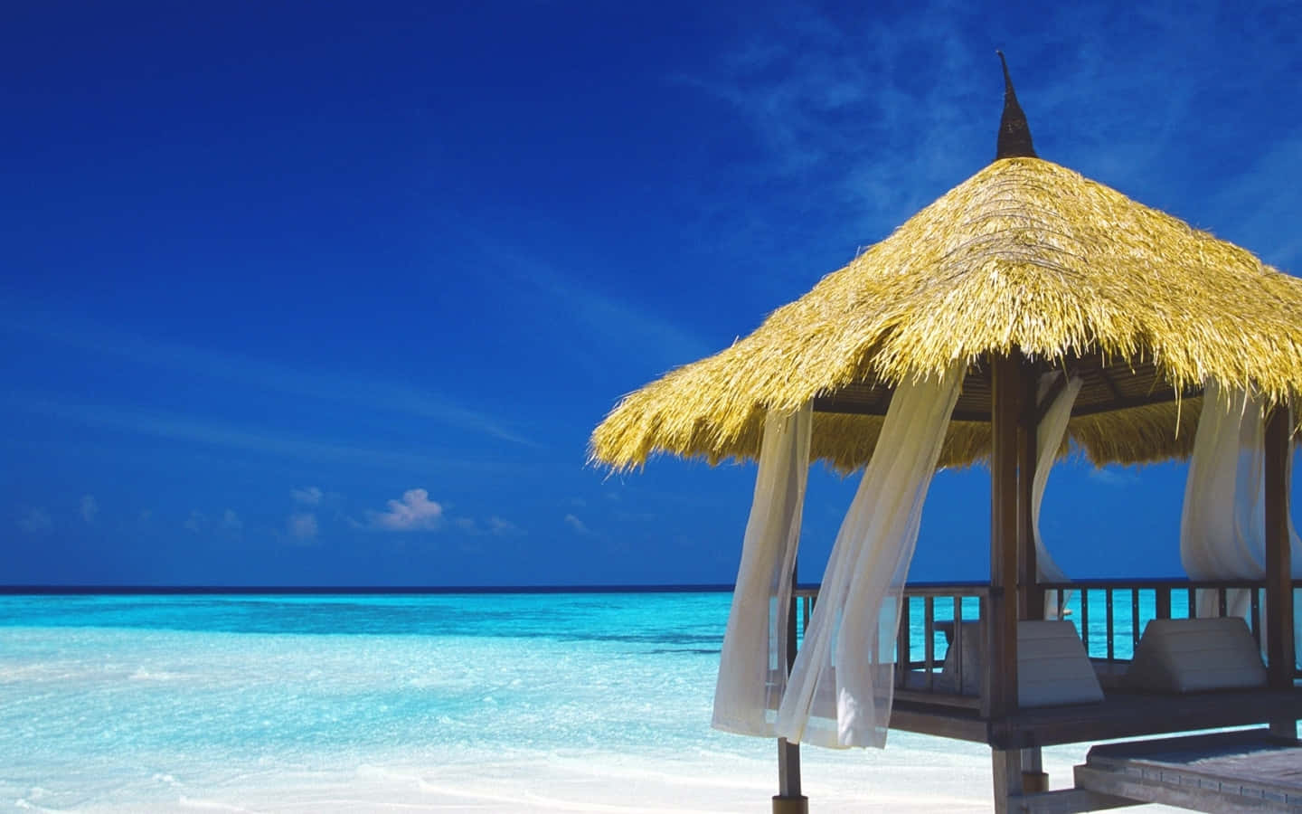 beach huts, thatched-roof beach cabana, white curtains, HD Desktop Wallpaper
