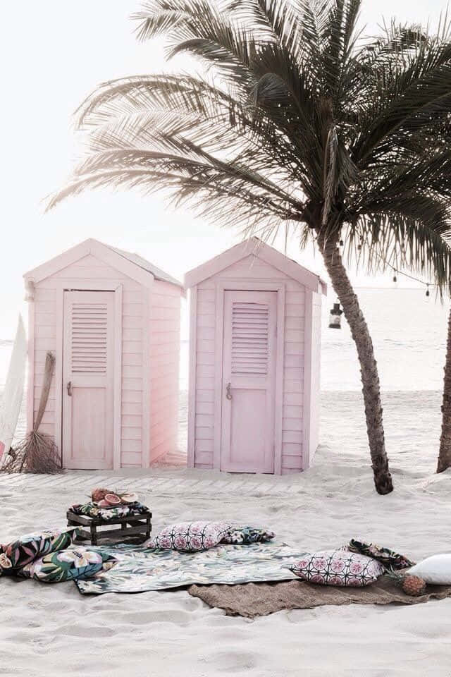 pastel pink beach huts, sandy shores, swaying palm tree, SD Phone Wallpaper