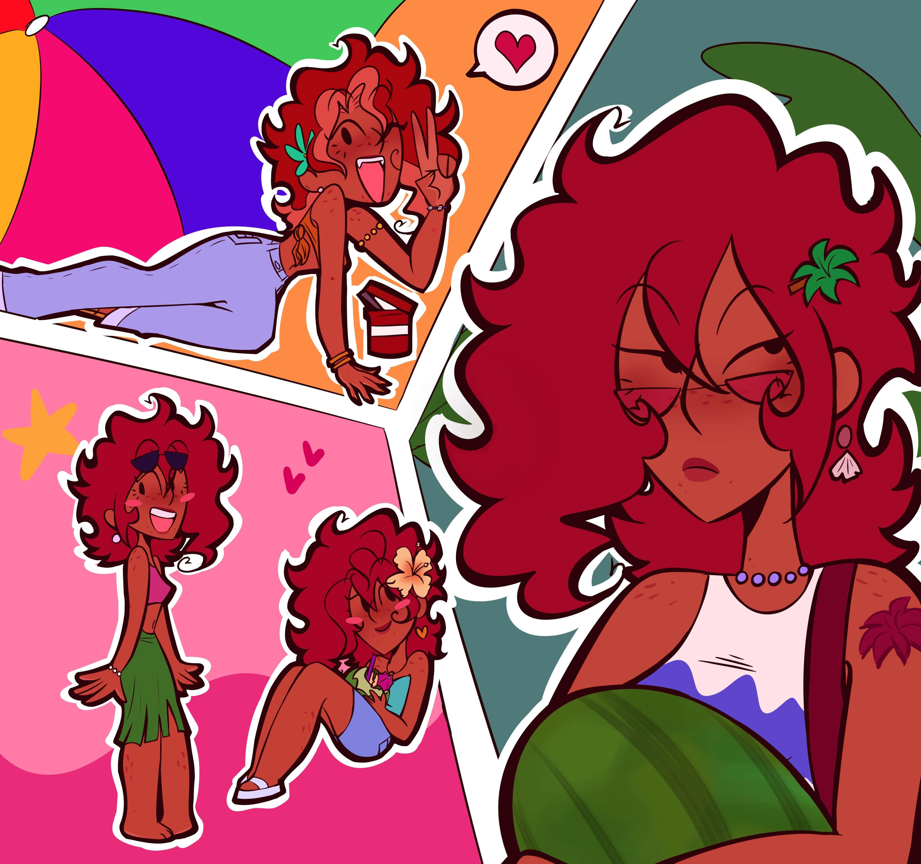 red-haired woman, summer poses, beach umbrellas, 2K Desktop Wallpaper